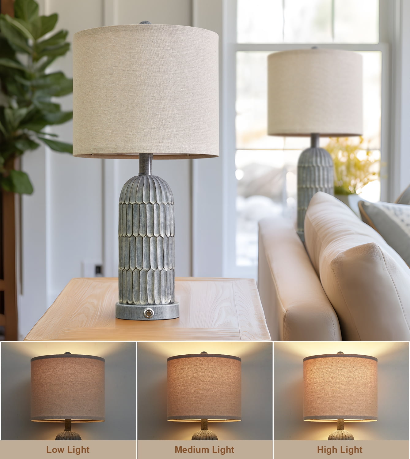 Oneach 3 Way Dimmable Farmhouse Table Lamp Set of 2 with USB Ports for Living Room Bedroom 22.5" Rustic Bedside Nightstands Lamp(Bulbs) - Image 3