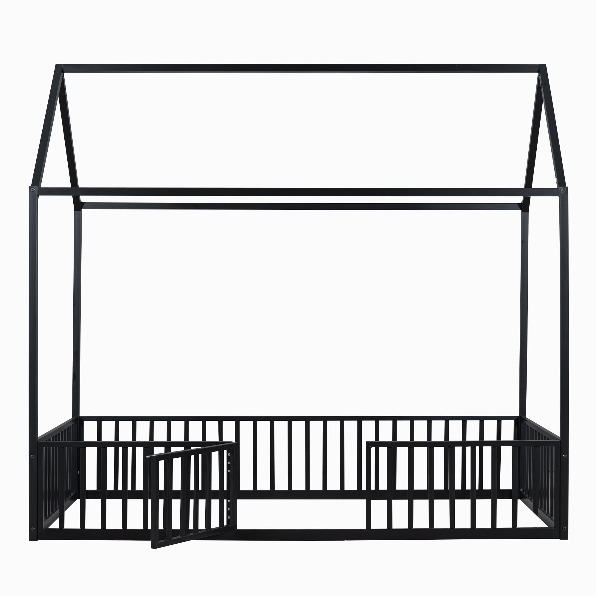 Euroco Metal Twin Size House Bed Frame, Low Profile Canopy Bed with Fence and Door for Kids, Black - Image 7