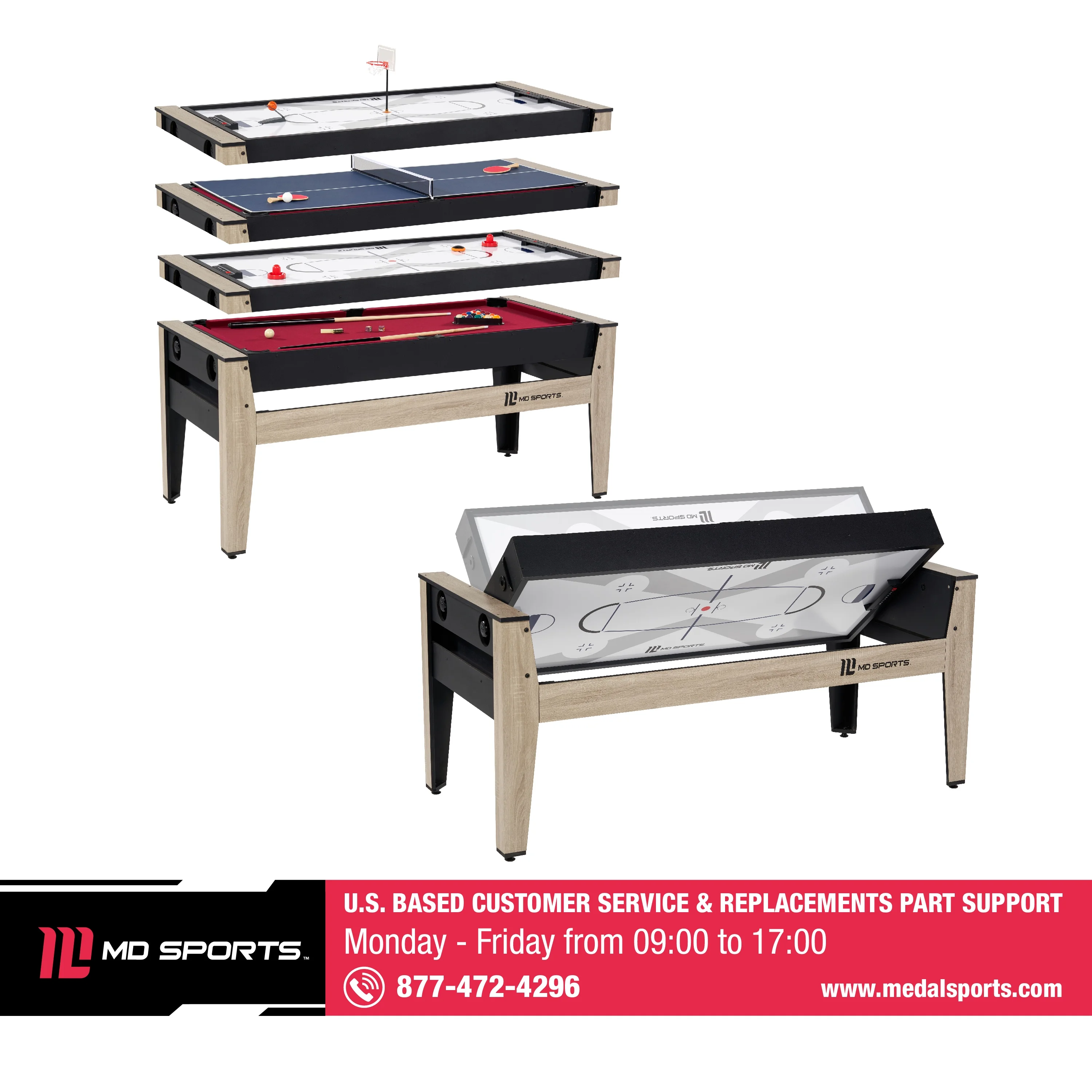 72" 4-in-1 Multi Game, Pool Table, Table Tennis Pong Table, Air Hockey, Basketball, by MD Sports - Image 7
