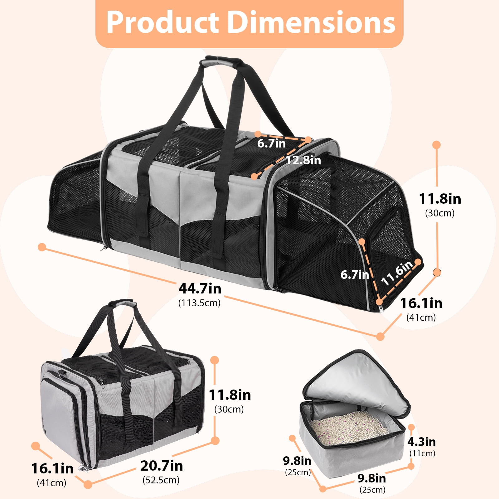 LitaiL Cat Carrier for 2 Cats, 2-in-1 Double Pet Carrier with 2 Litter Boxes, Portable Soft Sided Dog Carrier for Traveling, Gray - Image 7