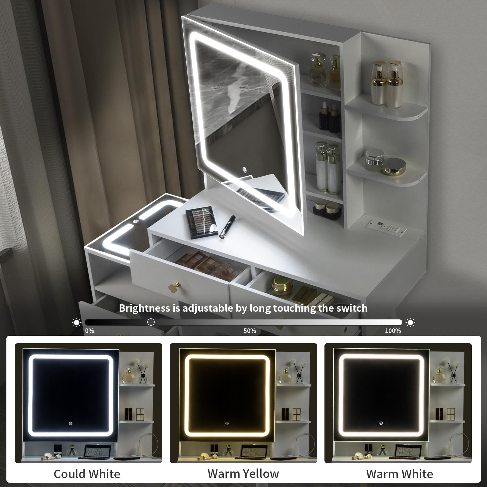 Ktaxon 3 Color Lighted Vanity Table Set, Makeup Table with LED Nightstand, Dressing Table with USB Charging Station, Women, Female Bedroom, White - Image 9