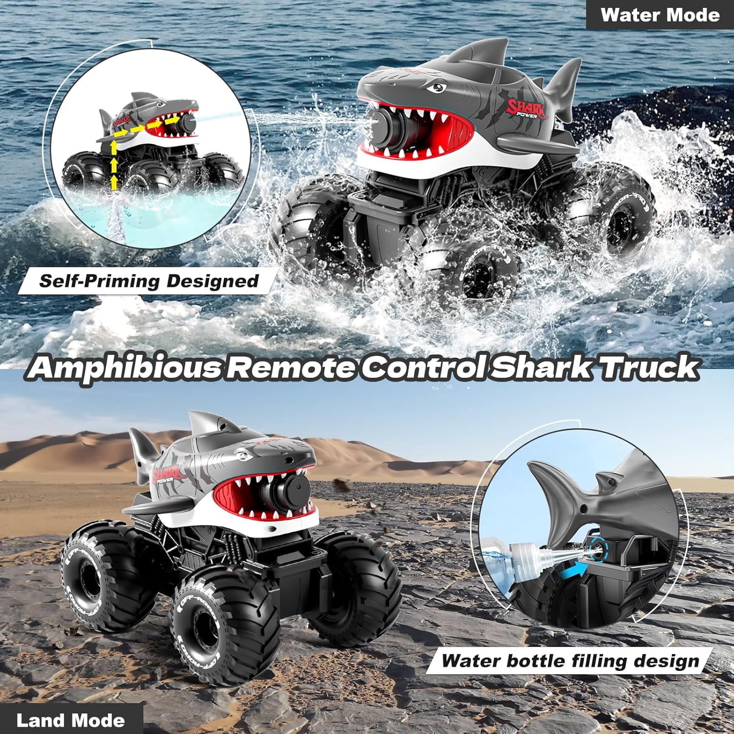 Adofi Amphibious Remote Control Car, 4WD All-Terrain Off-Road Water Toys, 2.4GHz Shooting Waterproof RC Monster Truck, Toys for Boys 3 6 Years - Gray - Image 3
