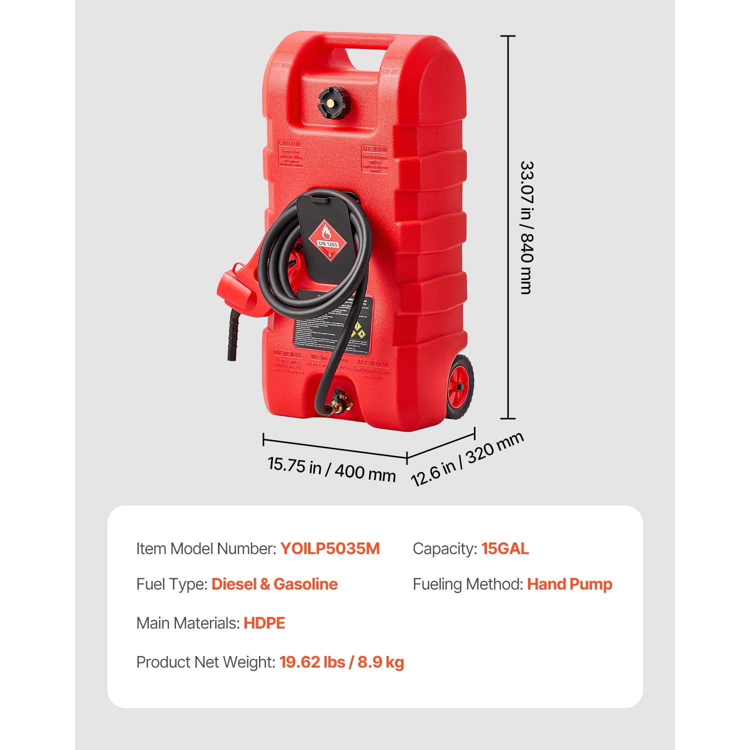 KFFKFF Fuel Carrier, 15-Gallon Capacity, Mobile Fuel Reservoir with Gravity & Manual Pump Options, Wheeled Fuel Storage Unit, 10 ft Transfer Hose & Hand-Operated Pump, Fuel Trolley for Motorboats - Image 8