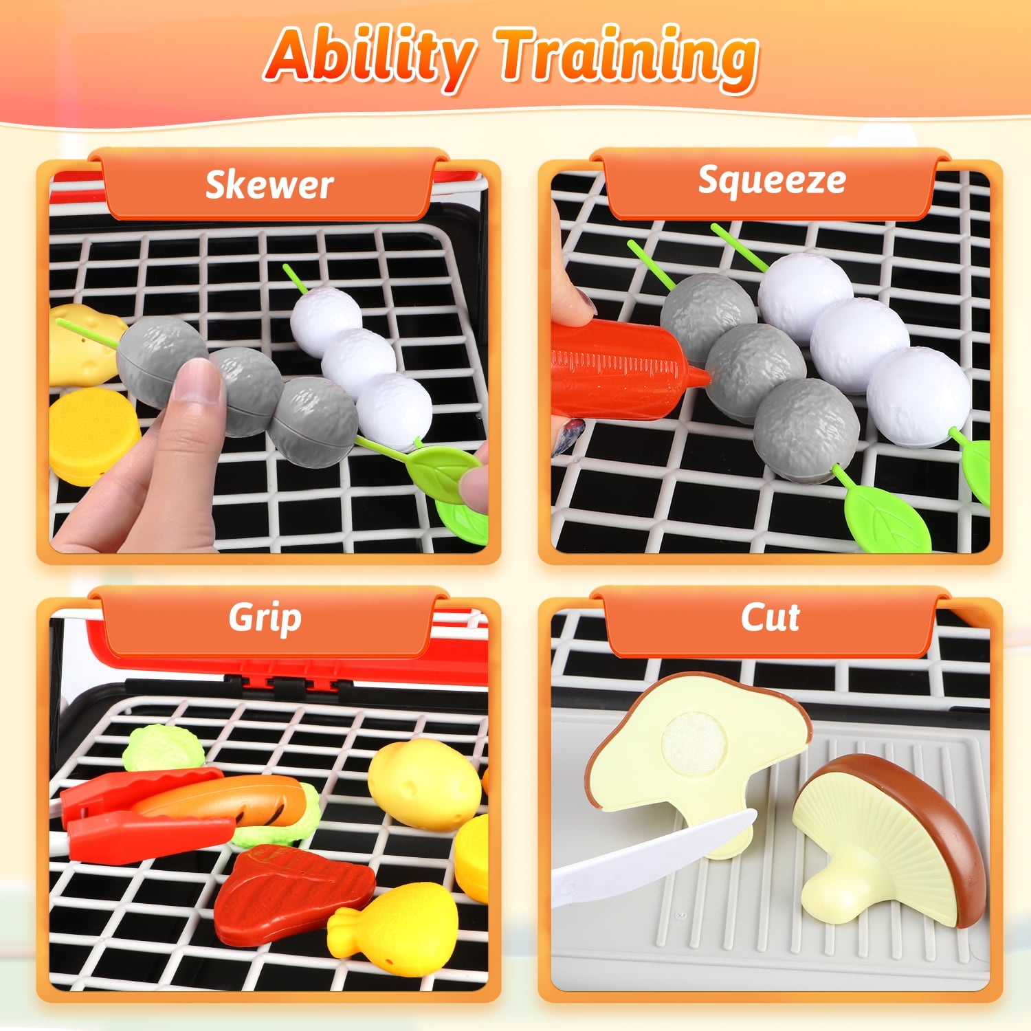 Freecat Kids BBQ Grill Set, Toddler Play Kitchen Toys for Ages 2 3 4 5 6, Toddler Outdoor Camping Cooking Set Toys, Play Food Christmas Birthday Gift. - Image 5