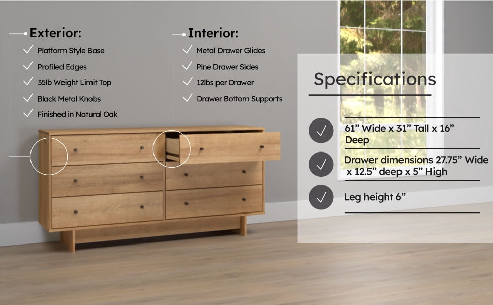 Prepac Finnley 6-Drawer Dresser in Natural Oak, Dresser for Bedroom, Extra-Wide Chest of Drawers with Storage, Modern Clothing Organizer for Home, Bedroom, Living Room, 16" D x 61" W x 31" H - Image 15