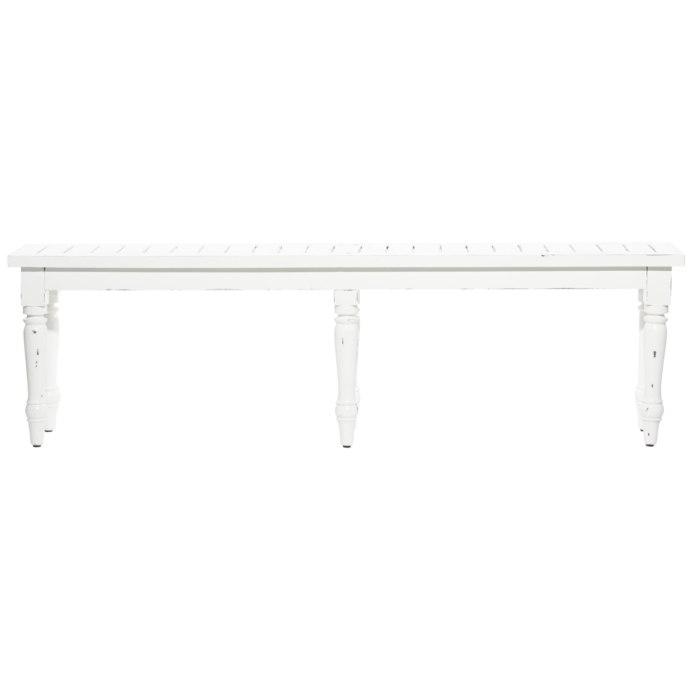 DecMode Wood Extra Long Distressed Slatted Bench with Turned Legs, White - Image 6