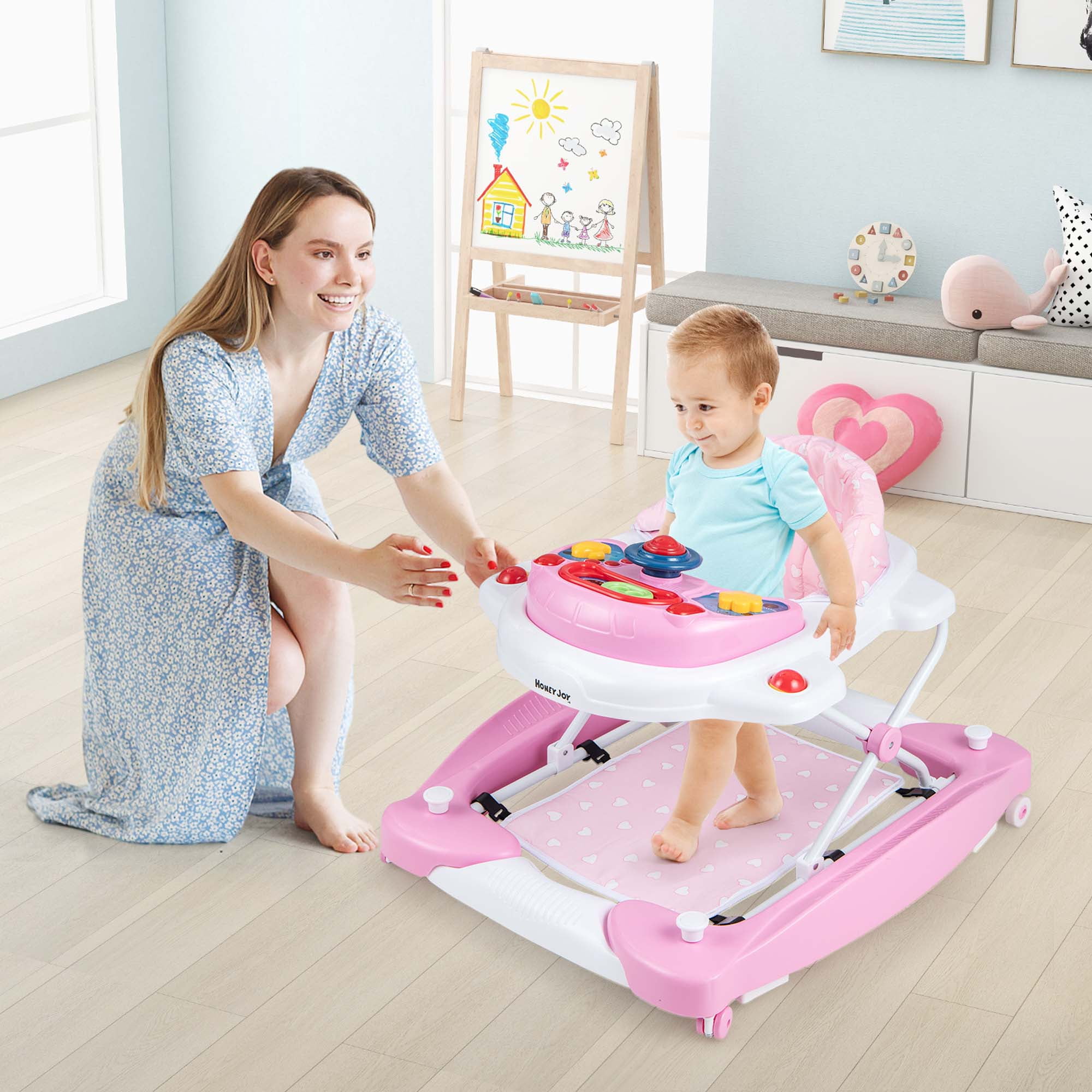 Costway 6 in 1 Baby Walker Adjustable Walker & Activity Center with Music 6-14 Months Pink - Image 7