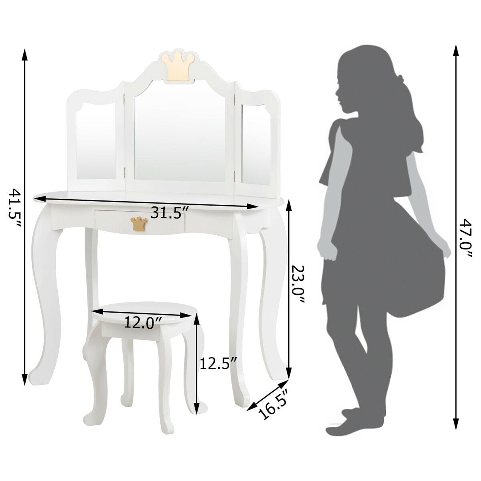 Gymax Kids Makeup Dressing Table Chair Set Princess Vanity & Tri-folding Mirror White - Image 5