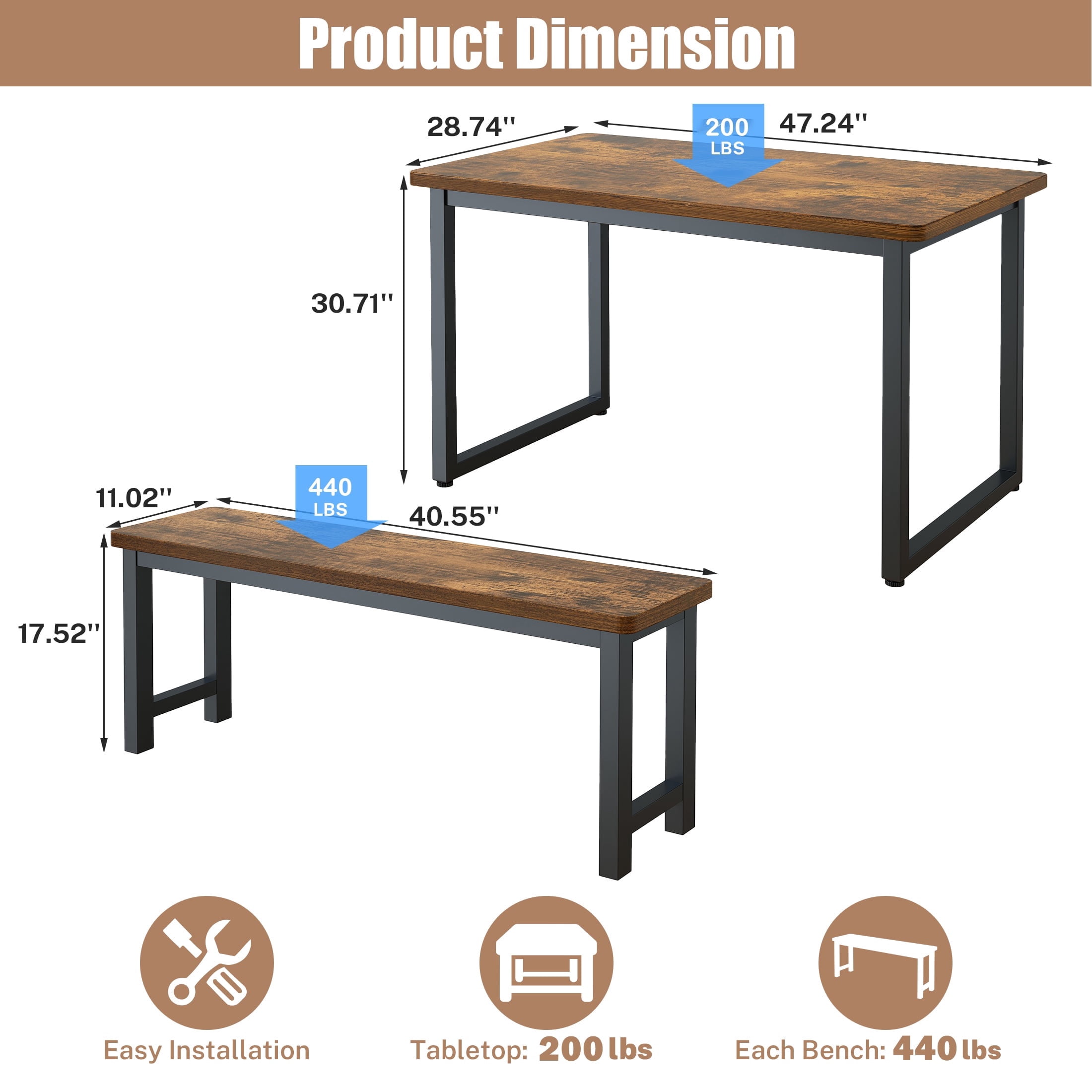 PORKISS 47.2" Dining Table Set for 4, Kitchen Table with 2 Benches, Wood Dining Room Dinette Sets with Metal Frame for Breakfast Nook and Small Space - Brown - Image 4