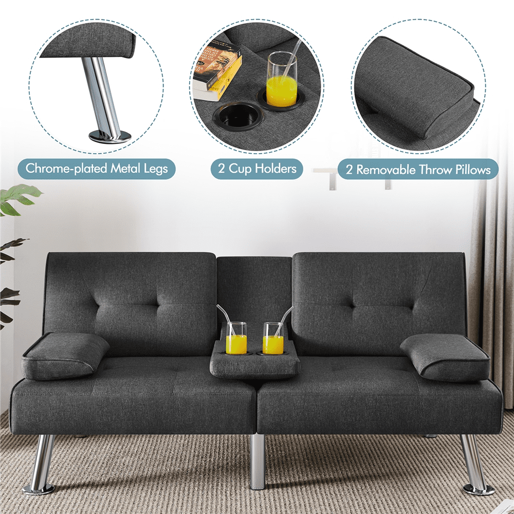 Renwick Fabric Upholstered Convertible Futon Sofa Bed with Cup Holders and Pillows, Dark Gray - Image 4