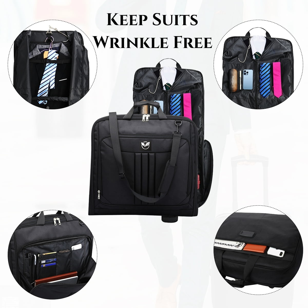 Suit Garment Bag for Travel for Men Women - Suit Case with Shoulder Strap and Rolling Luggage Attachment Point in Black, Perfect for Your Suit - Image 6
