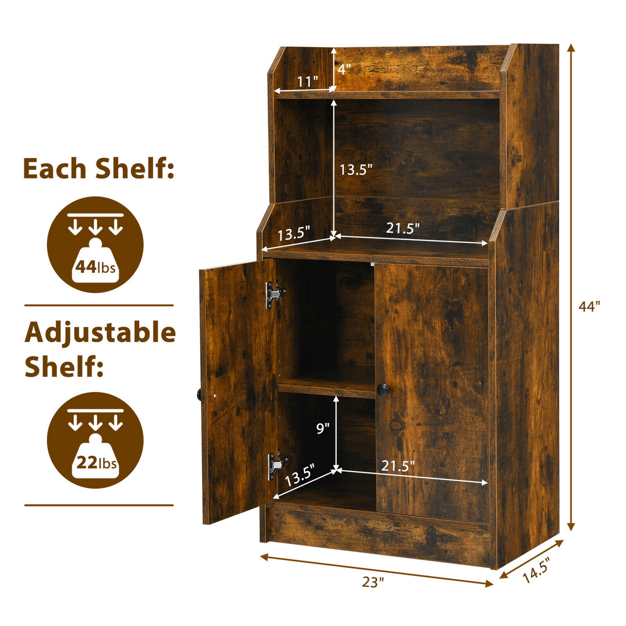 Gymax Storage Cabinet Bookcase w/2 Doors and Open Shelves Display Shelf Rustic Brown - Image 4