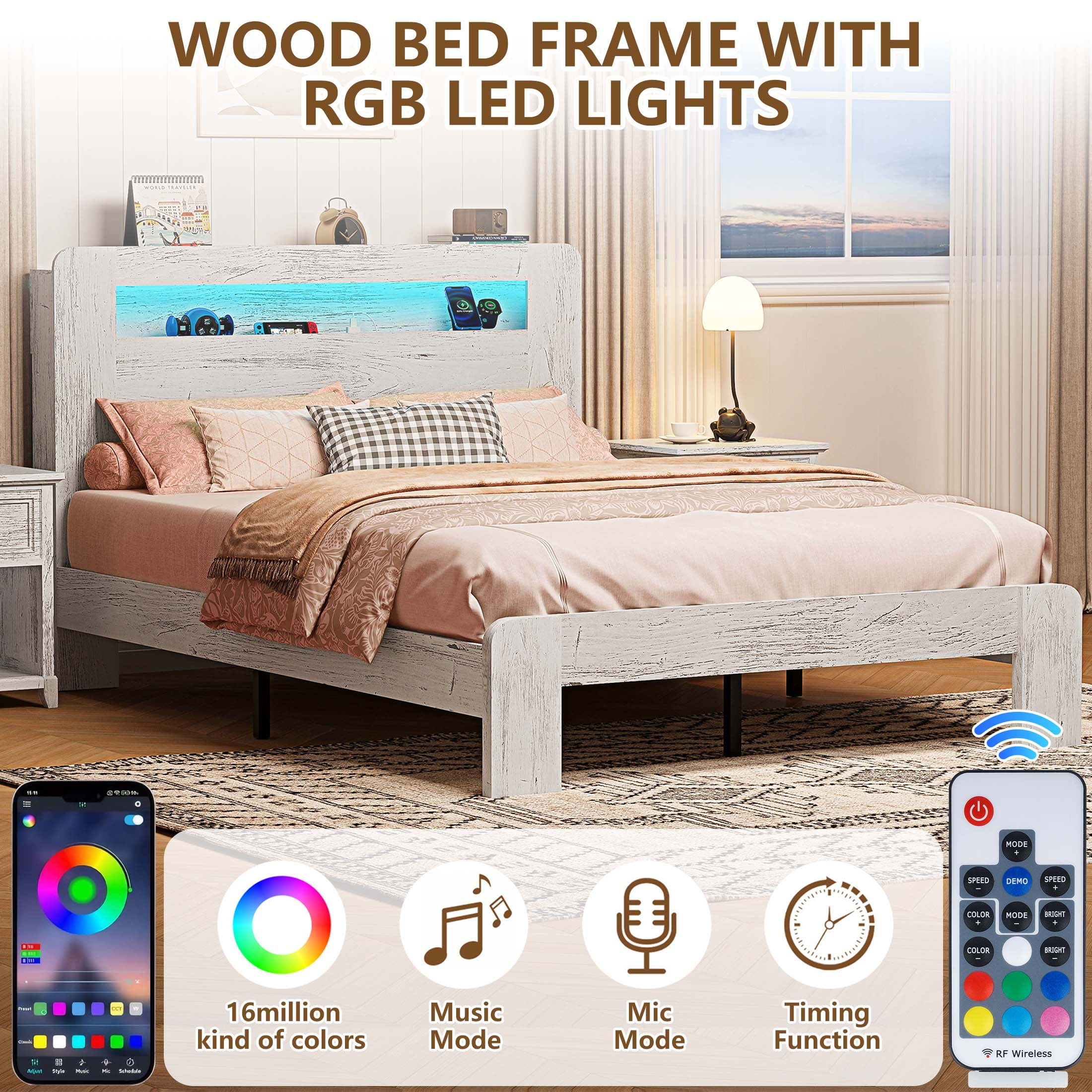 Full Bed Frame with LED Storage Headboard and Charging Station, UHOMEPRO Wood Full Bed Frame with Strong Support and RGB Lights, Modern Farmhouse Bedroom Furniture, No Box Spring Needed, White - Image 5