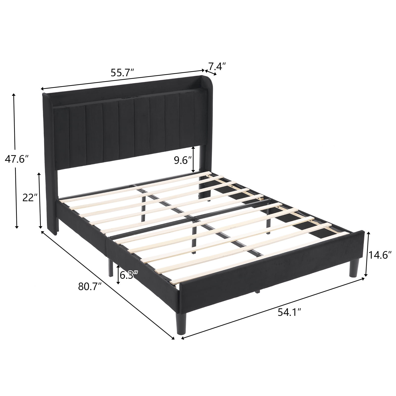 Ktaxon Full Platform Bed Frame with USB Charging, Upholstered Bed, Wingback Headboard/No Box Spring Required/Wood Slat Support/Easy Assembly/Black - Image 3