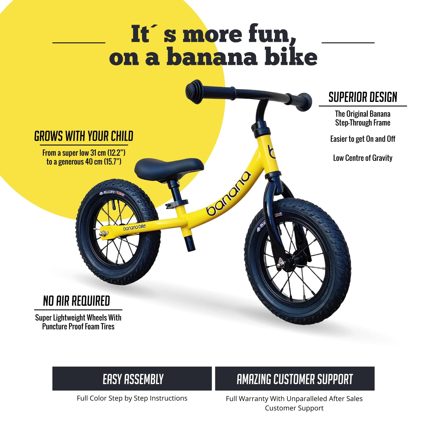 Banana GT Balance Bike - Lightweight Toddler Bike for 2-5 Year Olds - No Pedal Bikes with Adjustable Handlebar and Seat - Aluminium Frame, Air Tires - Strider Balance Bike for Boys and Girls (Yellow) - Image 2