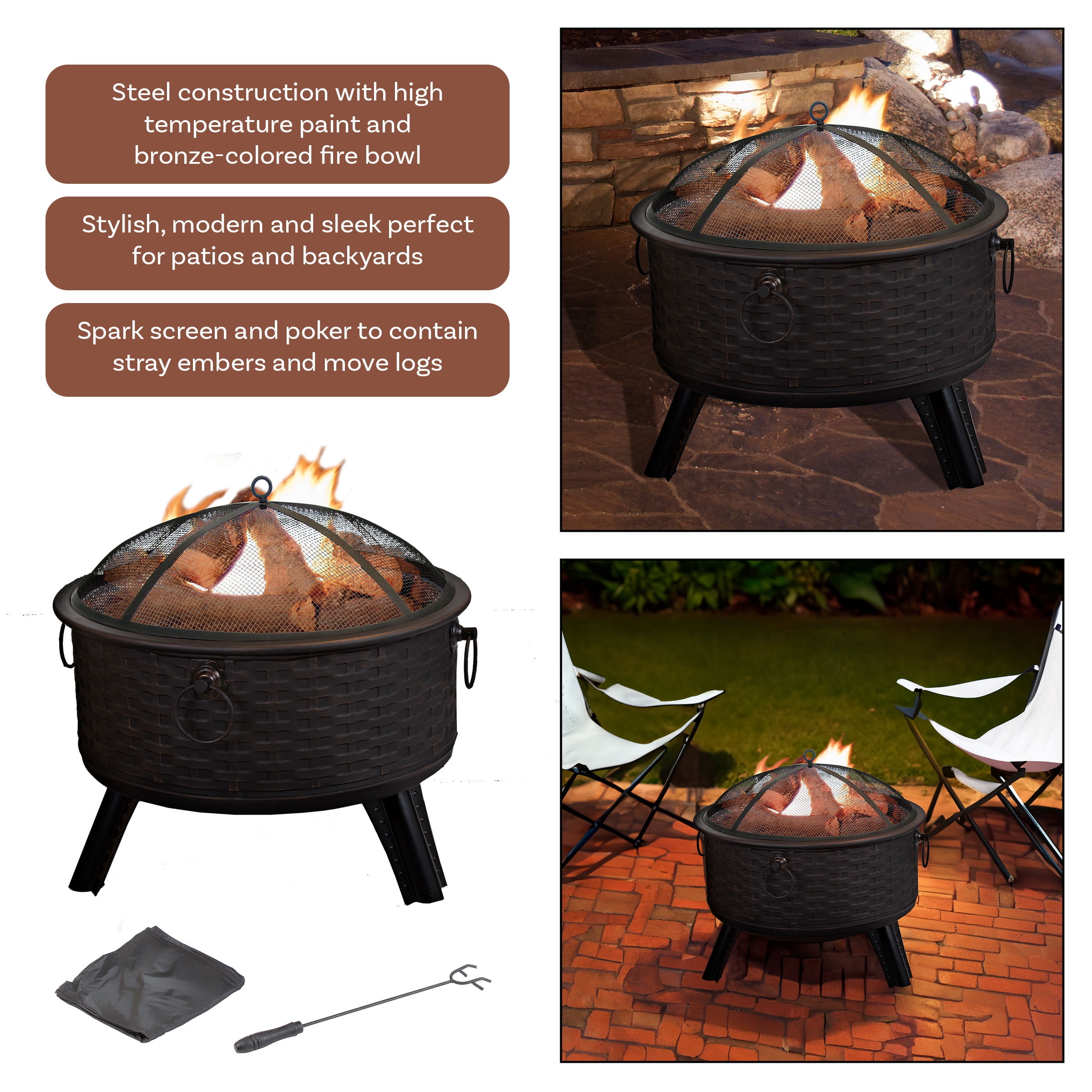 Pure Garden 25.5" Wood Burning Outdoor Fire Pit with Screen, Poker & Cover, Basketweave Design, Bronze - Image 3