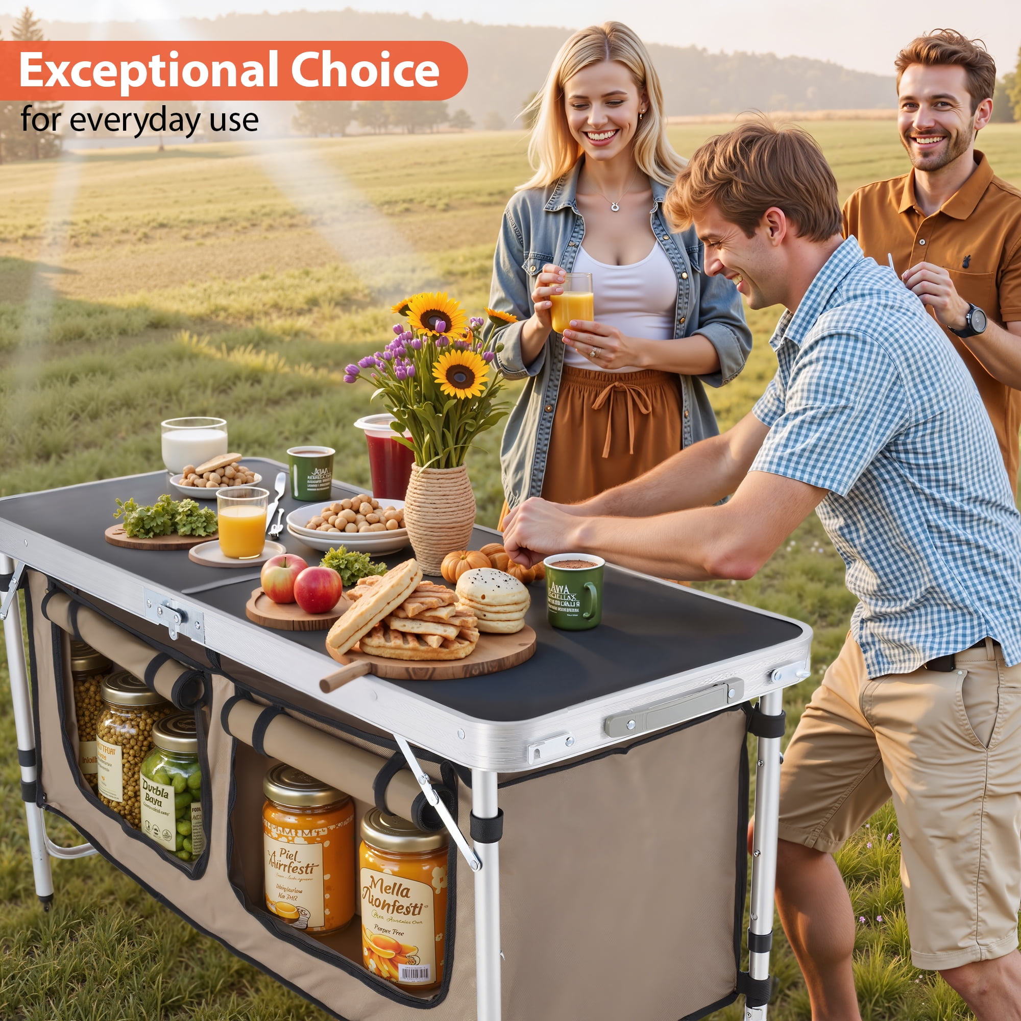 Vecukty Portable Camping Table Set - Aluminum Kitchen Station w/ Storage, Adjustable Feet & Trash Can, brown - Image 2