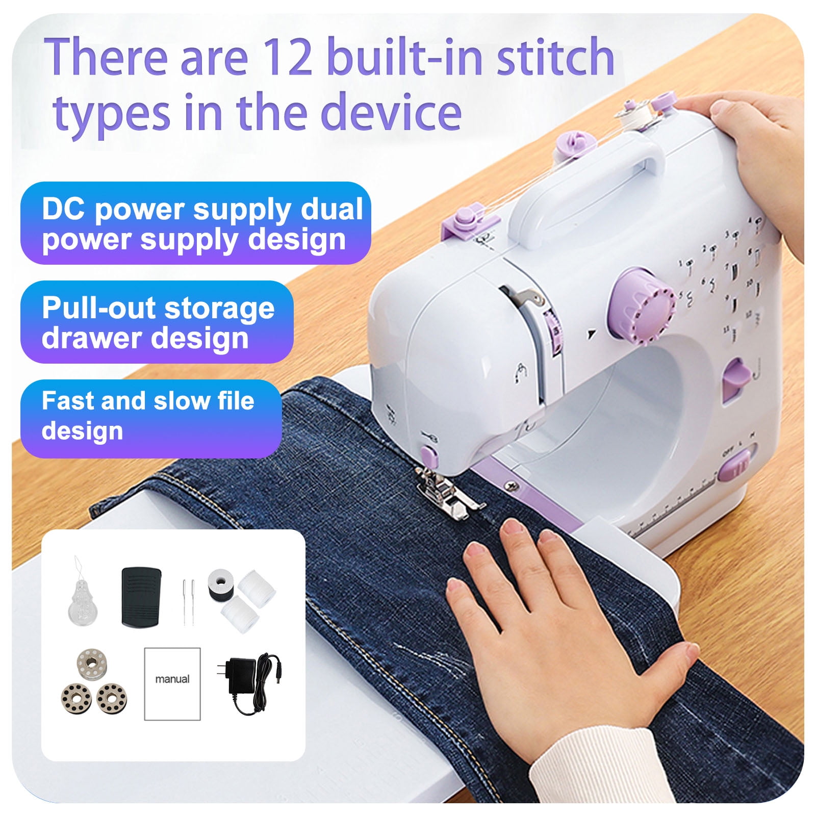 Eatbuy Portable Sewing Machine, Mini Household Sewing Machine for Beginners Multifunctional Electric Crafting Machine 12 Built-in Stitches with 97PCS Sewing Kit - Image 3