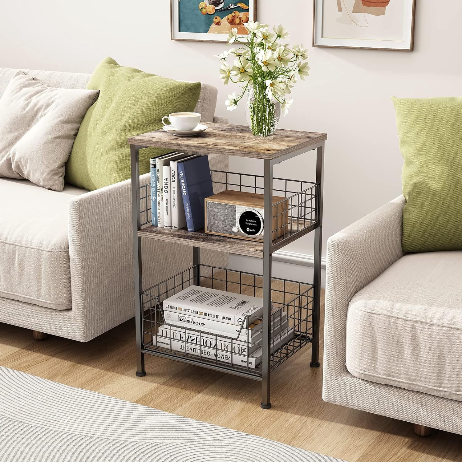 X-cosrack End Table,3 Tire Industrial Side Table,Wood & Metal Frame Nightstand Storage Shelf for Living Room Office Hallway(Brown+Black) - Image 4