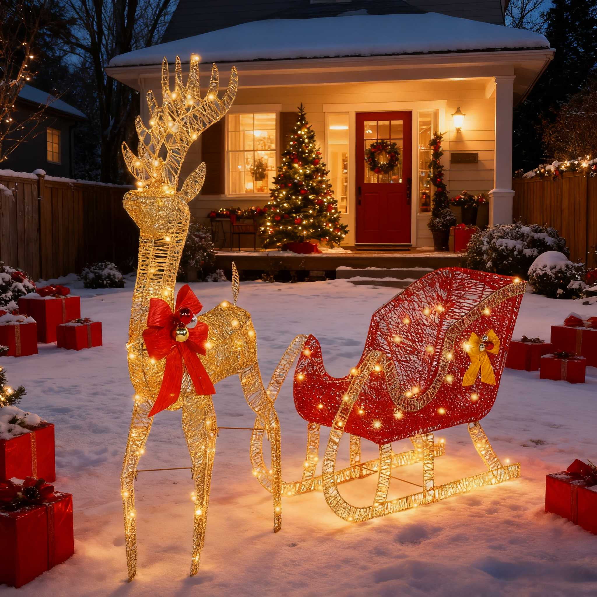 Zimtown Christmas Reindeer Set Outdoor Yard Decoration 4ft Reindeer & Sleigh LED Lights - Golden - Image 4