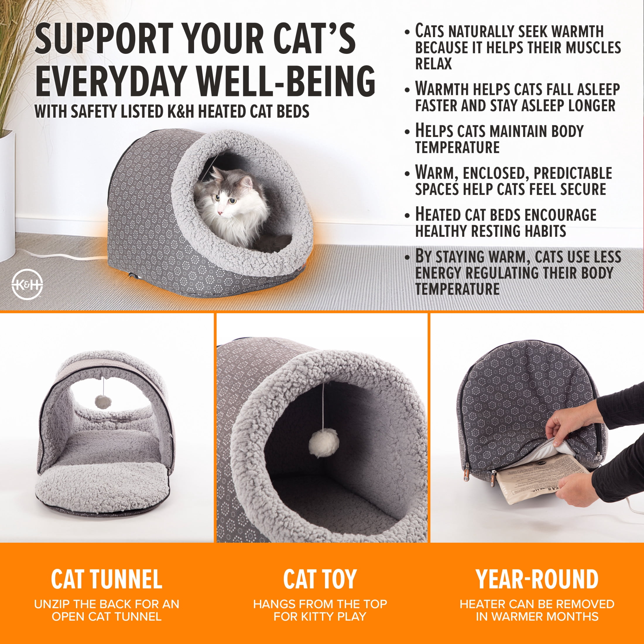 K&H Pet Products Thermo-Pet Cave Cat Bed Heated Gray/Geo Flower 17 X 15 X 13 Inches - Image 2