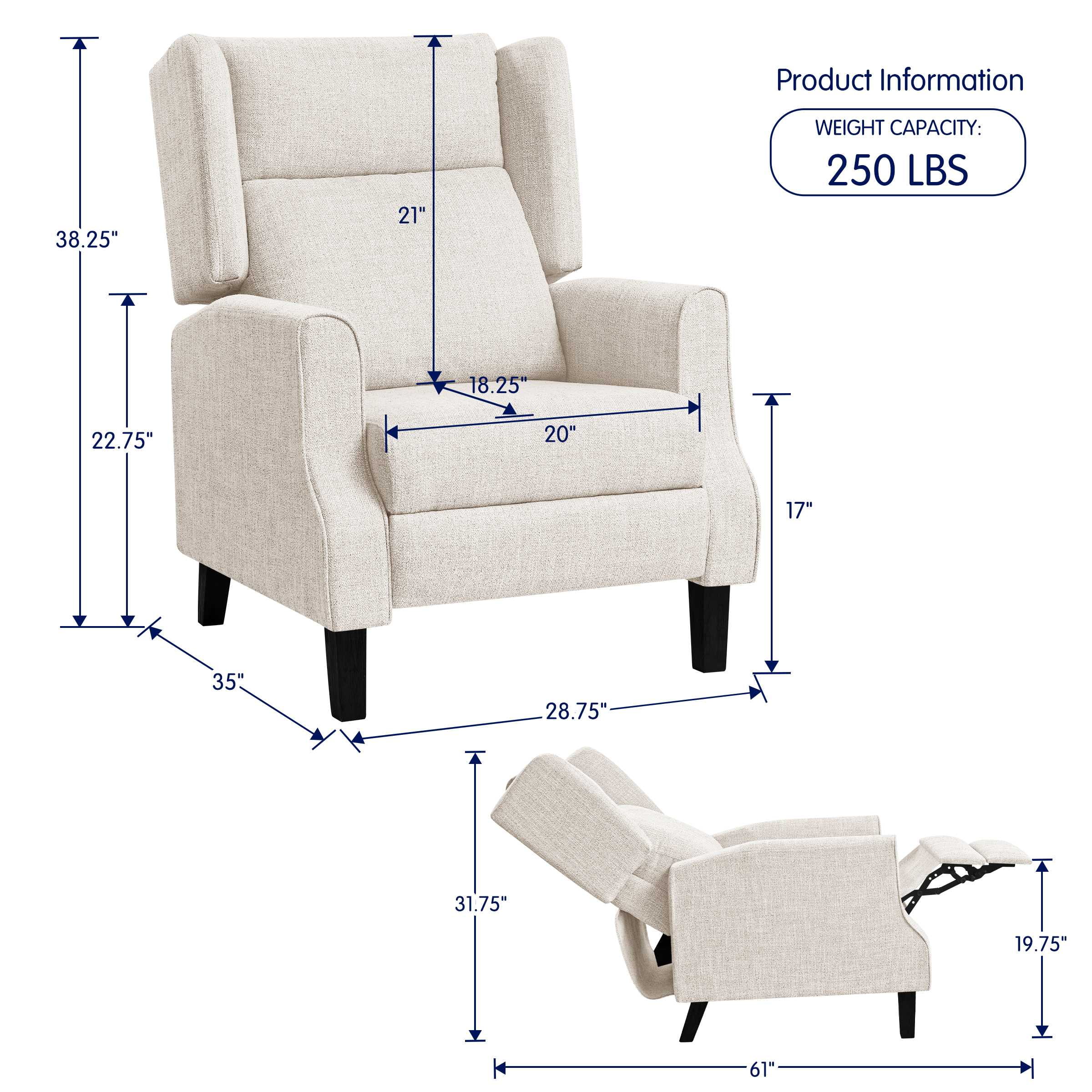 Subrtex Push Back Recliner Chair, Modern Upholstered Manual Wing Chair with Extending Footrest Linen Fabric Recliner Chair (1 PC, Beige) - Image 4