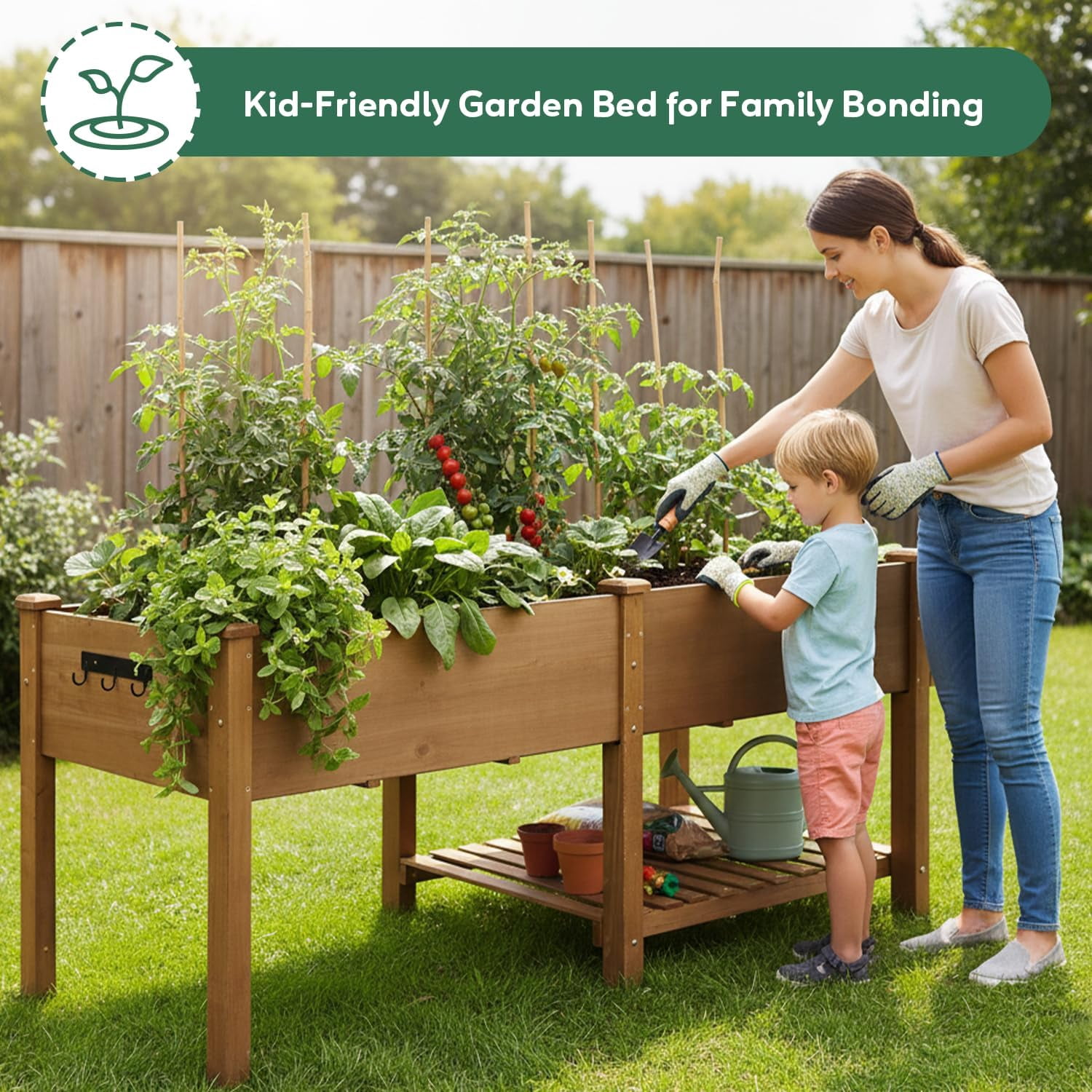 81" Large Raised Garden Bed with Legs, Elevated Planter Box with Liner, Side Table, Storage Shelf & Hanging Hooks for Vegetables & Herbs, Brown - Image 7
