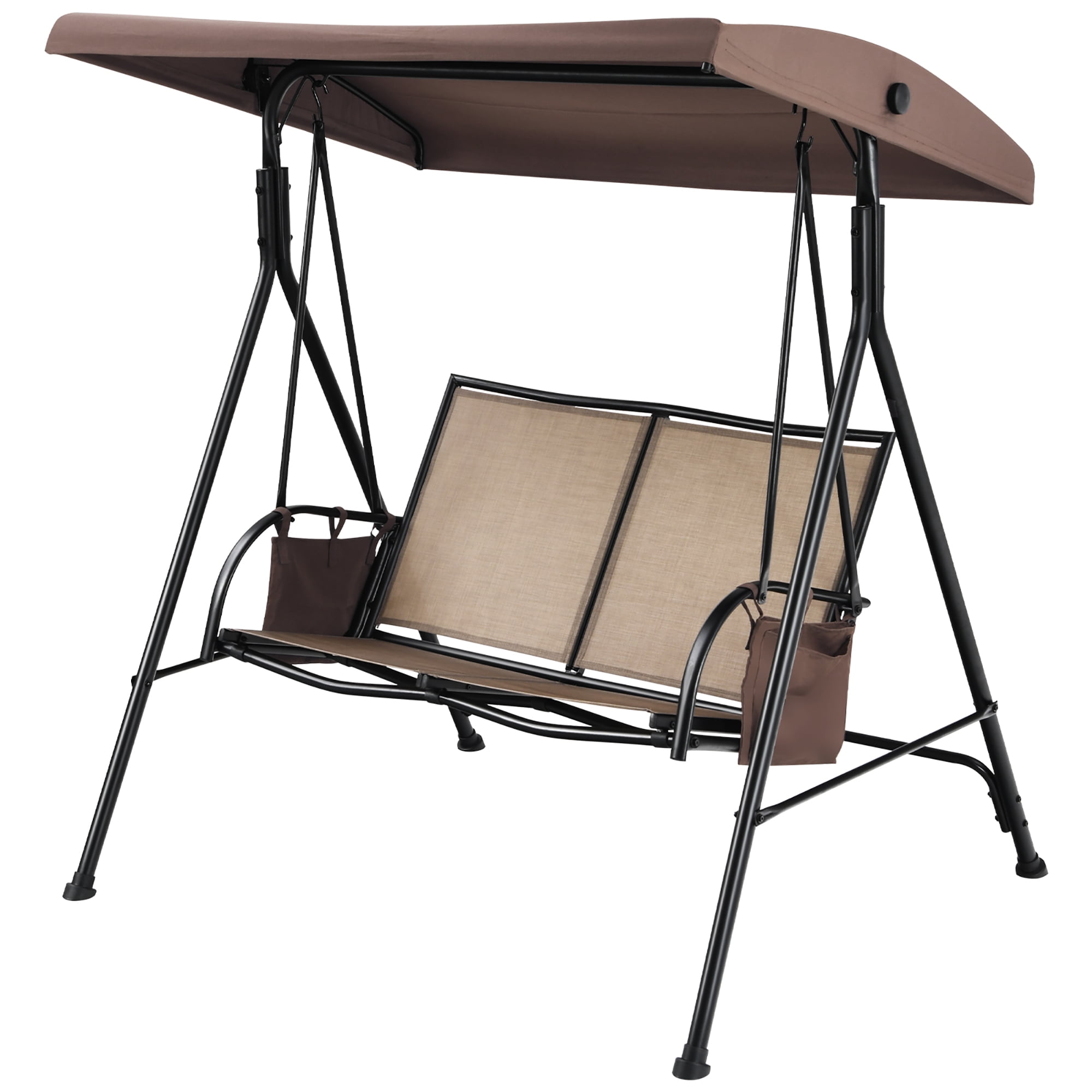 Costway 2 Seat Patio Porch Swing with Adjustable Canopy Storage Pockets Brown - Image 2