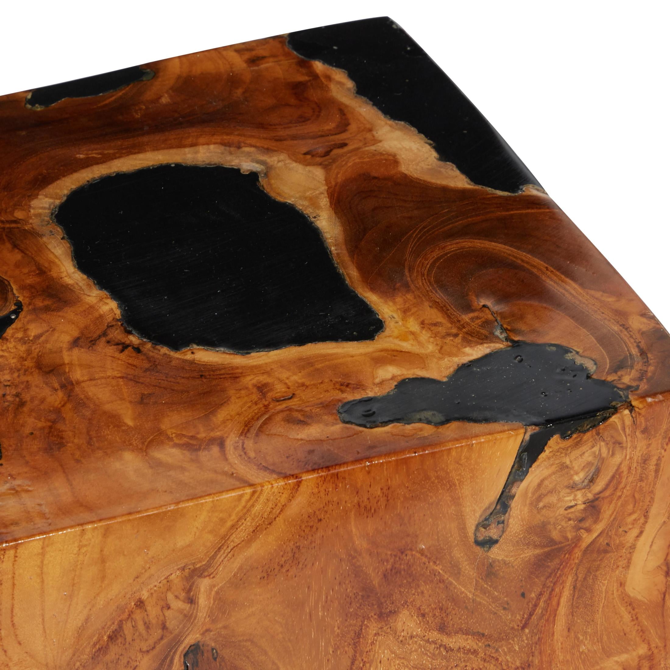 DecMode 12" x 15" Brown Teak Wood Block Abstract Accent Table with Black Resin Inlay, 1-Piece - Image 4