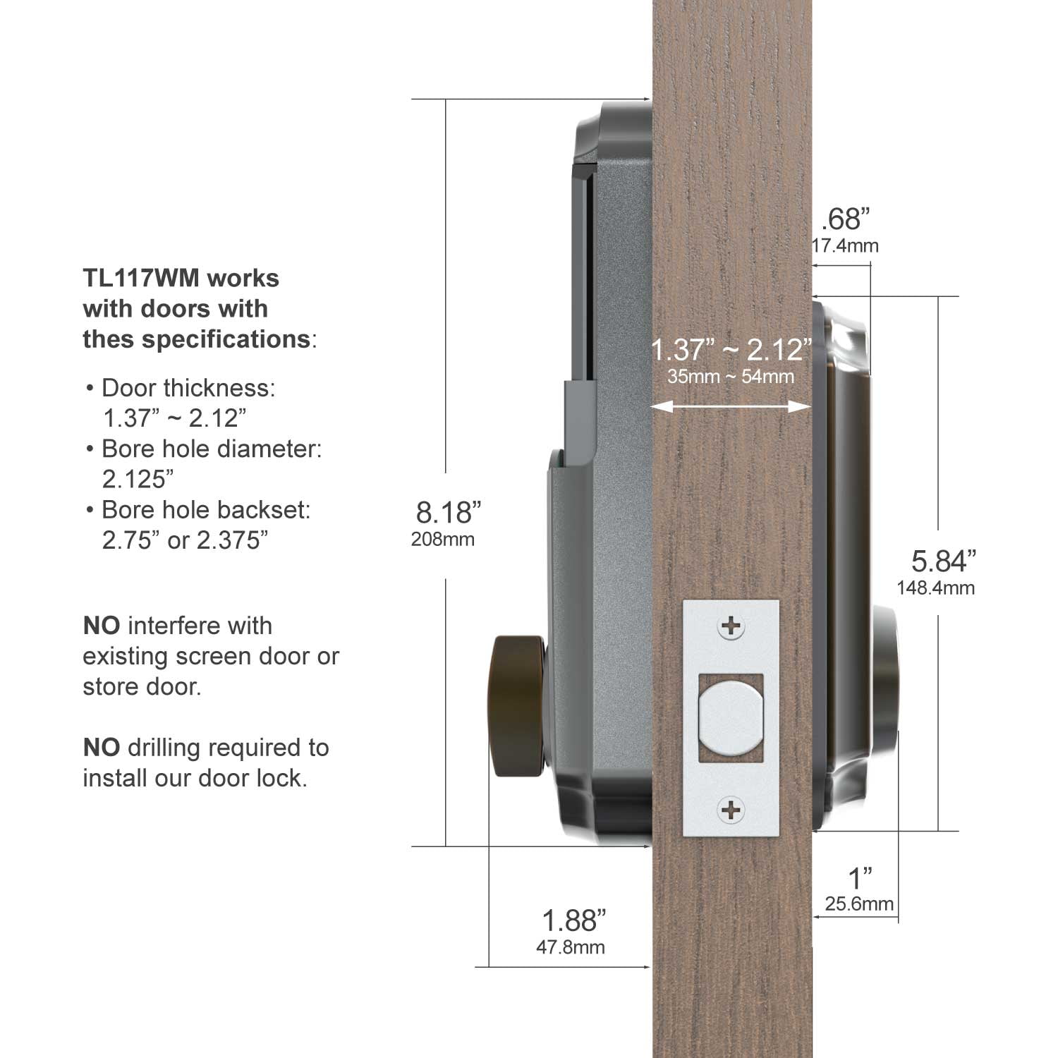 TurboLock TL117WM Smart Deadbolt Door Lock Wi-Fi Bridge Keypad App Remote Control Ready For Thicker Doors (IP65) - Image 3