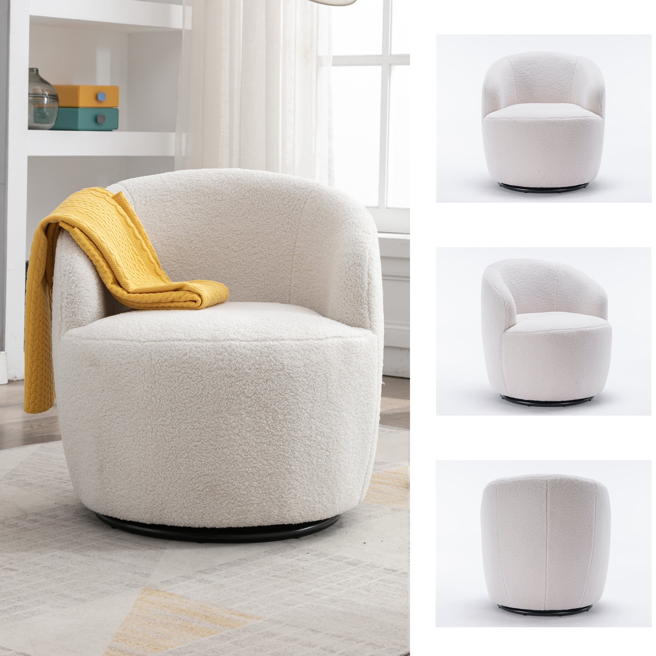 PORKISS Swivel Accent Chair, Armchair with Teddy Fabric, Barrel Chair with Black Powder Coating Metal Ring for Living Room, Bedroom, Ivory White - Image 7
