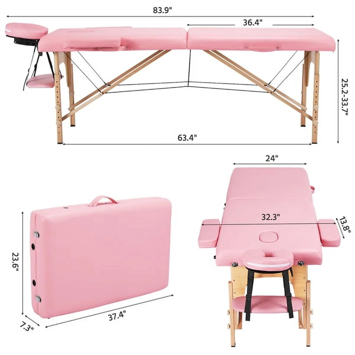 Alden design Fold Portable Massage Table w/ Removable Headrest Armrests, Pink - Image 10