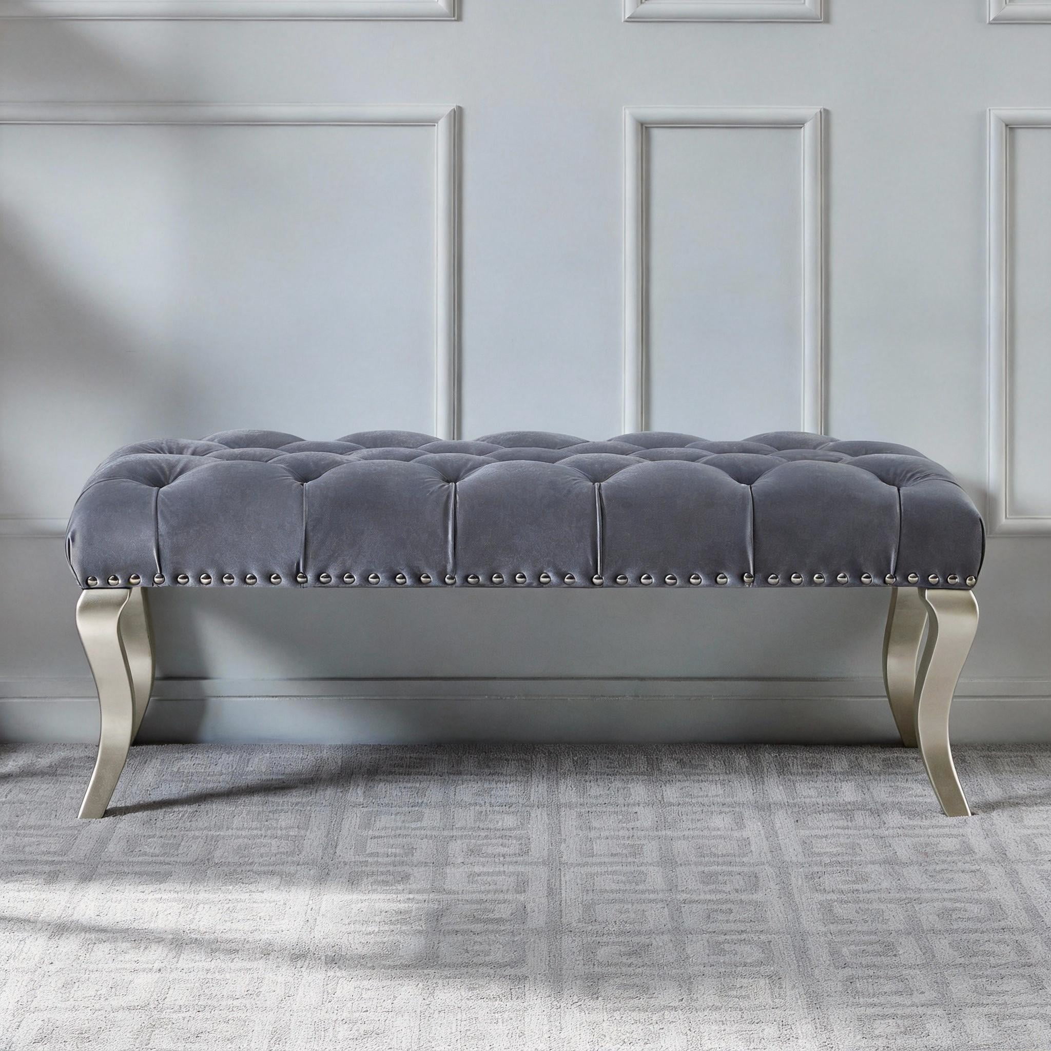 Roundhill Furniture Decor Maxem Fabric Upholstered Bench with Nailhead Gray - Image 12