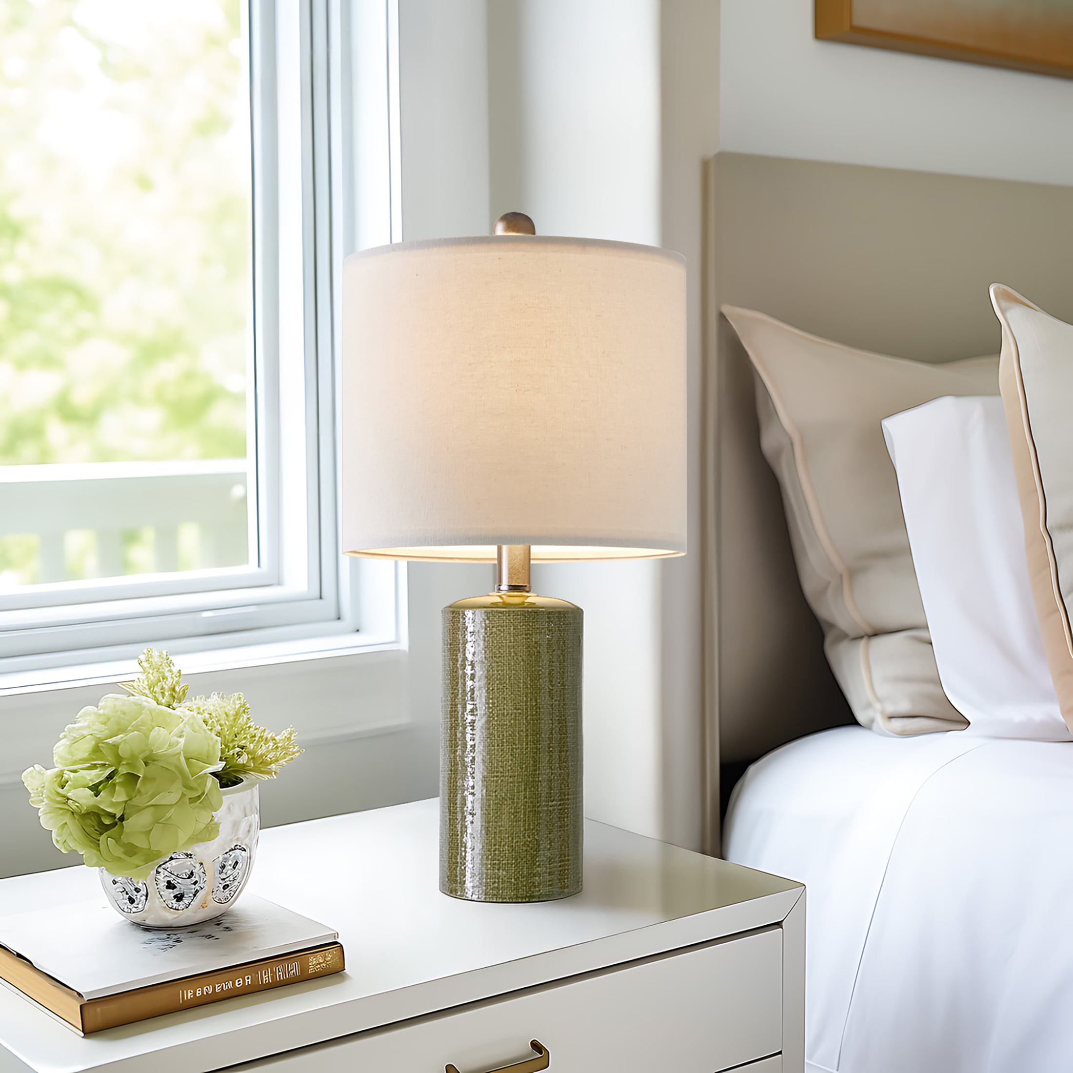 Oneach Modern Table Lamp Set of 2 for Living Room 20.25" Farmhouse Green Ceramic Bedside Nightstand Lamps for Bedroom - Image 3