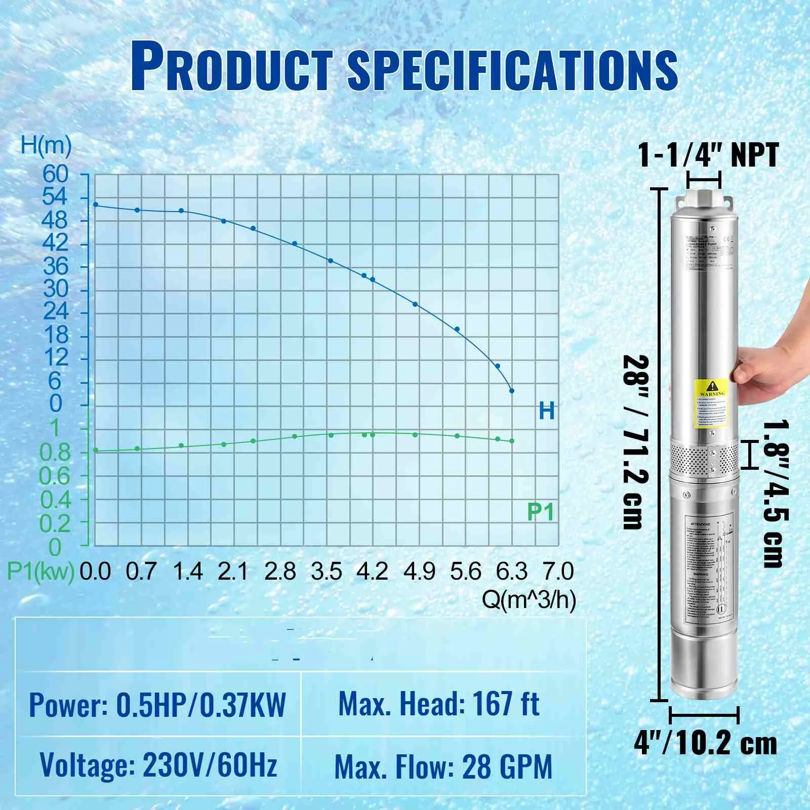 VEVORDeep Well Submersible Pump, 0.5HP/370W 230V/60Hz, 28GPM 167 ft Head, with 33 ft Electric Cord, 4 inch Stainless Steel Water Pumps for Industrial, Irrigation and Home Use, IP68 Waterproof Grade - Image 4
