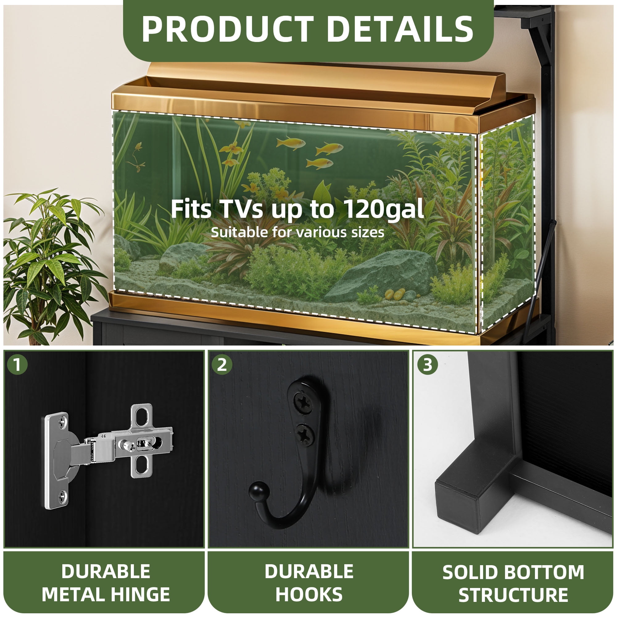 Uforic 120 gal Fish Tank Stand w Shelf and Cabinet, 1100 lbs Capacity, Power Outlets, Metal, Black - Image 6