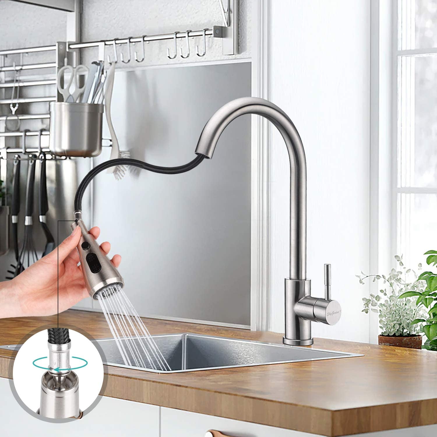 SkyGenius Pull Down Kitchen Faucet with Sprayer Single Handle Sink Faucet Brushed Nickel for Kitchen - Image 2