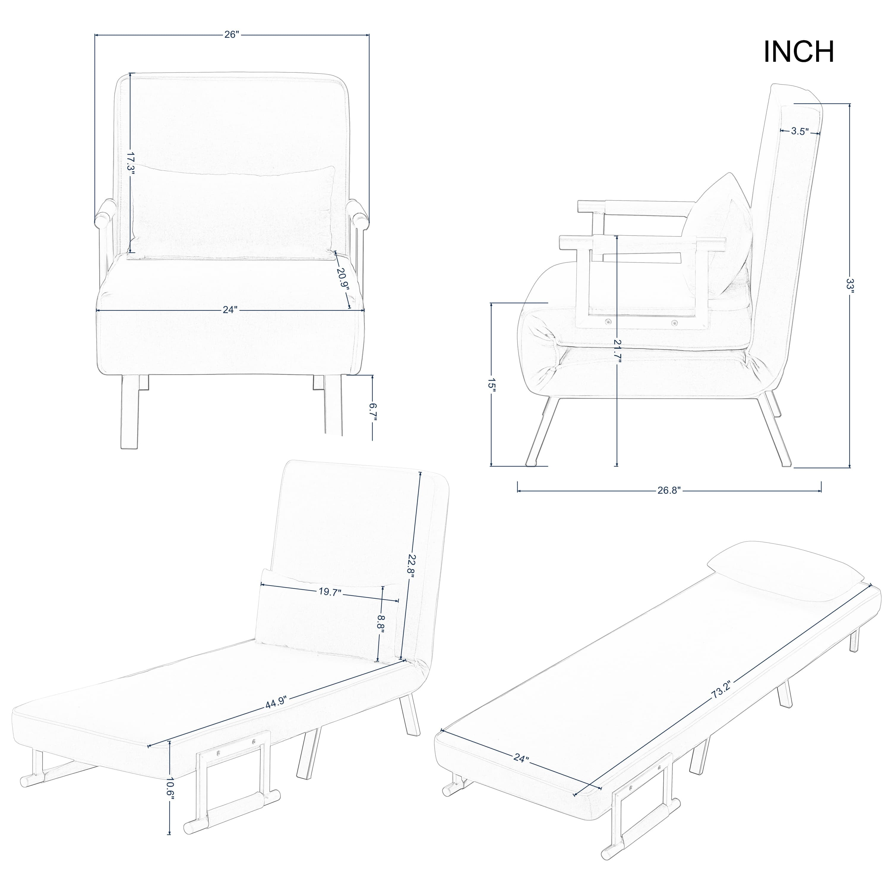 BSHTI 26”Folding Arm Chair Lounge 4-in-1, Convertible Sofa Bed, Modern Sofa Bed,for Small Spaces,Living Room,Guest Room,Office(Dark Gray) - Image 43