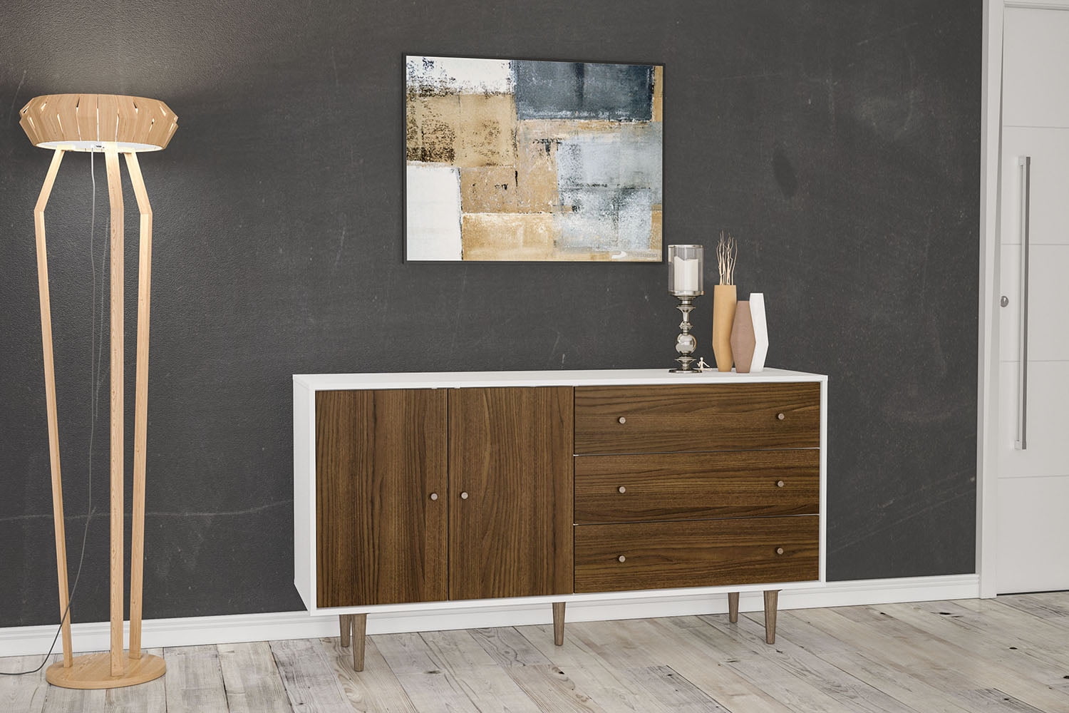 Polifurniture Pasadena Modern Sideboard with 2 Doors and 3 Drawers, White & Walnut - Image 2