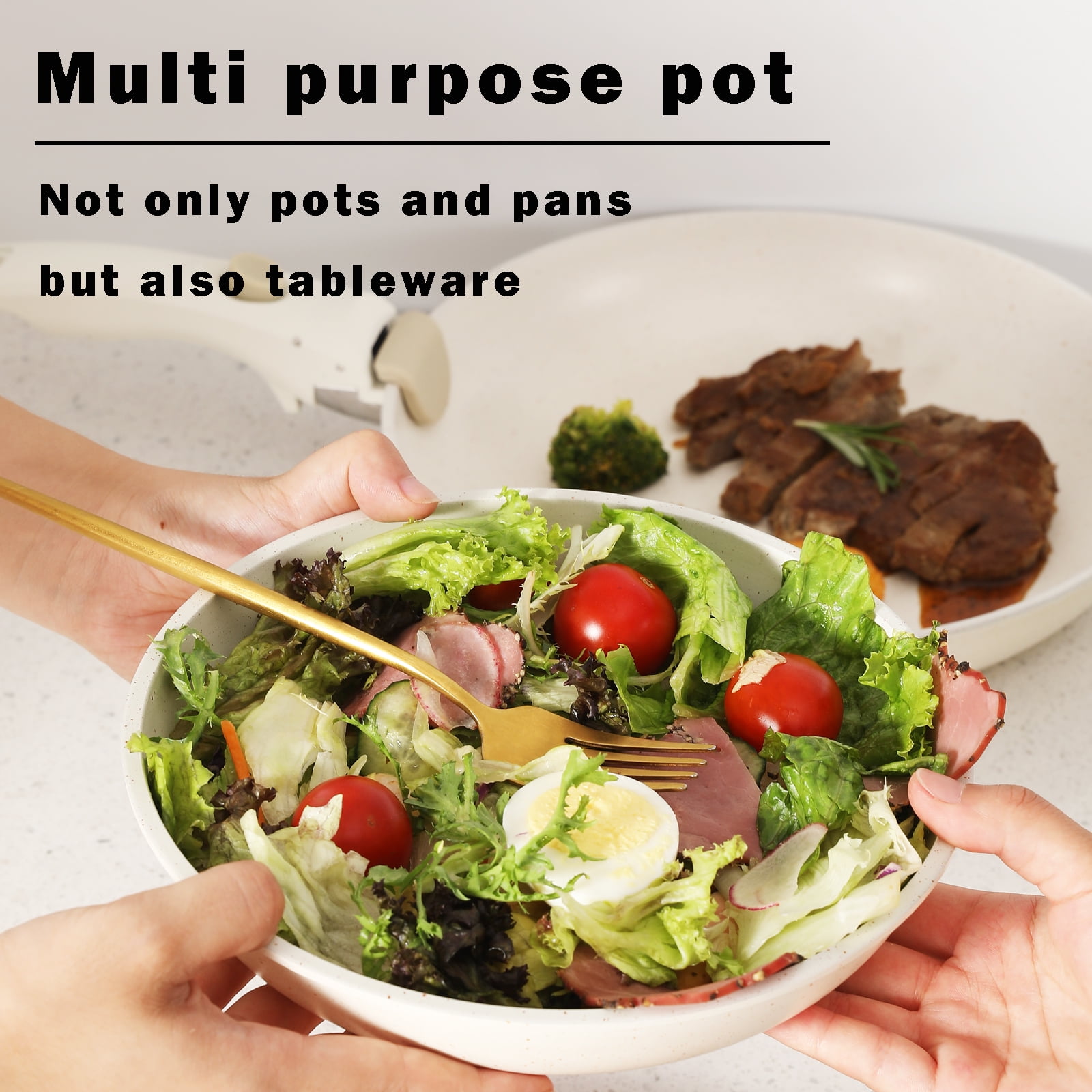 Vkoocy 9 Piece Nonstick Ceramic Pot and Pan Set Cookware Set with Removable Handle Detachable Handle Cream - Image 2