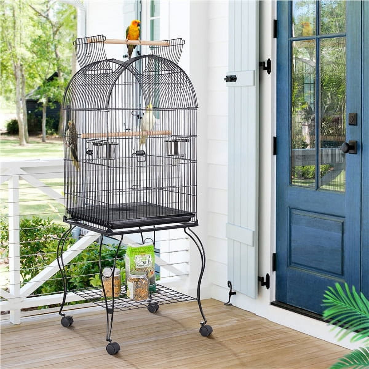 Alden Design Metal Rolling Bird Cage with 2 Feeders and 2 Wooden Perches, Black - Image 3