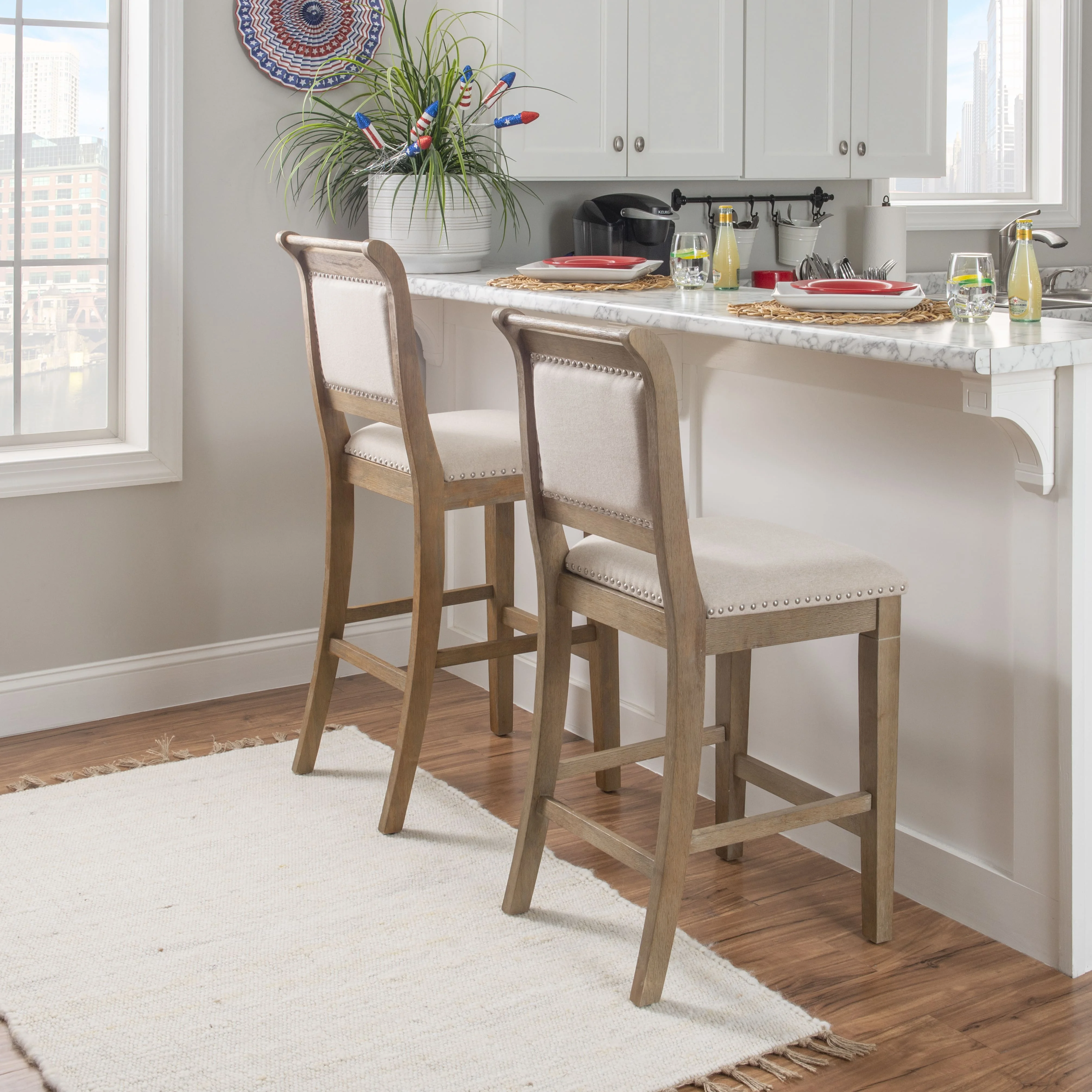 Linon Findley 30" High Back Bar Stool, Rustic Graywash/Natural - Image 3
