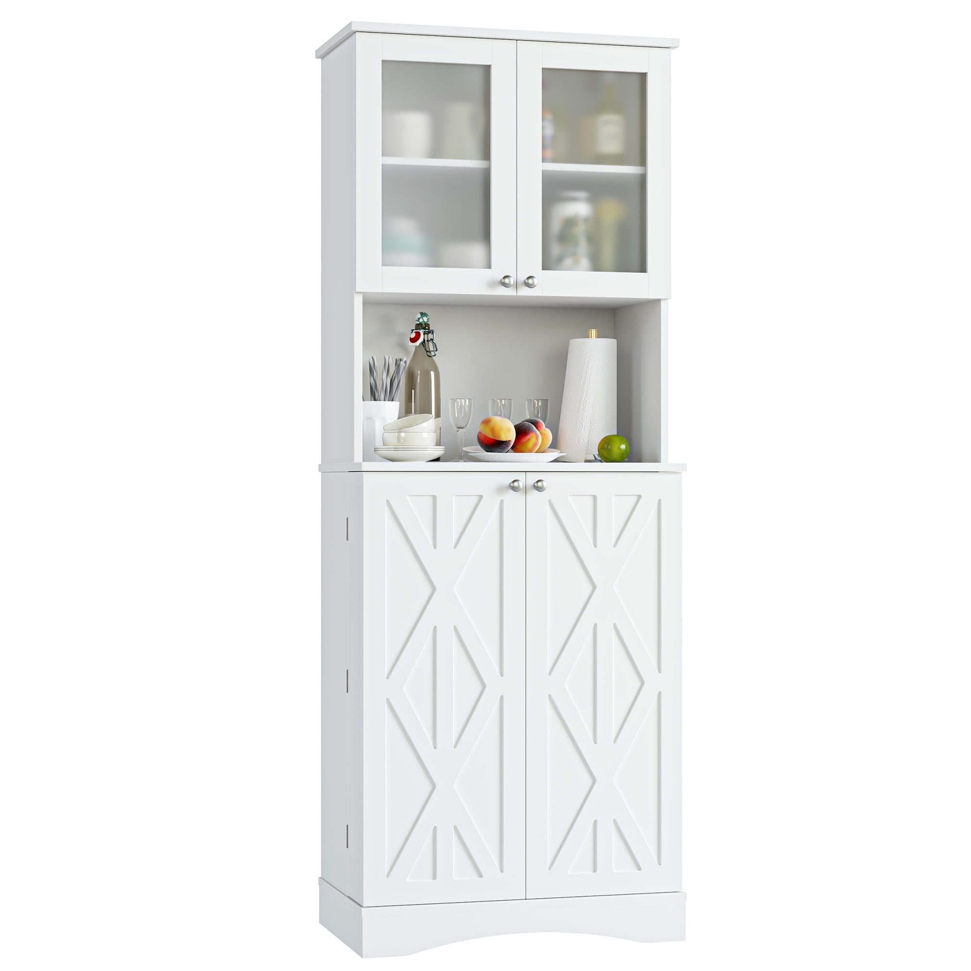 Homfa Farmhouse Kitchen Pantry with Microwave Shelf, 4 Doors Food Storage Cabinet with Adjustable Shelves for Dining Room, White - Image 4