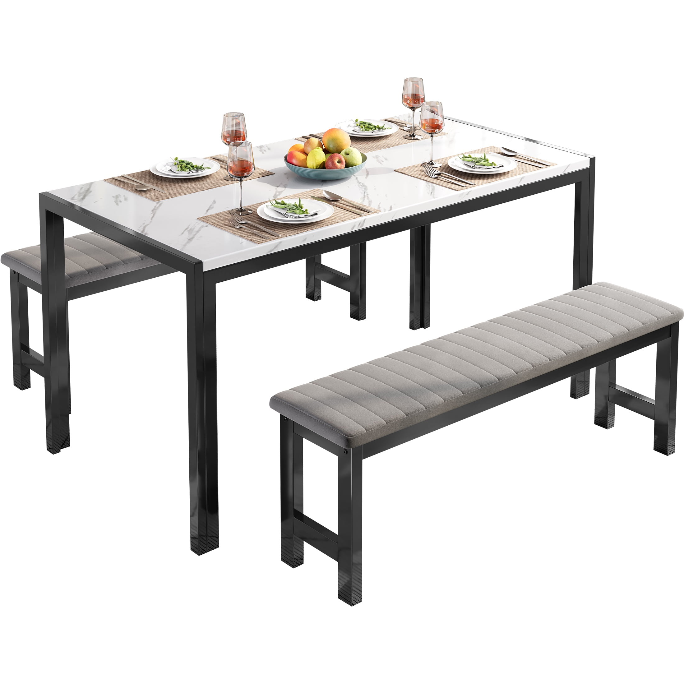 PORKISS Dining Table Set for 4, Faux Marble Kitchen Table Set with 2 Velvet Benches, Breakfast Nook Set for Small Spaces, 3 Piece Dining Room Table Set, White+Gray+Black #1 - Image 8