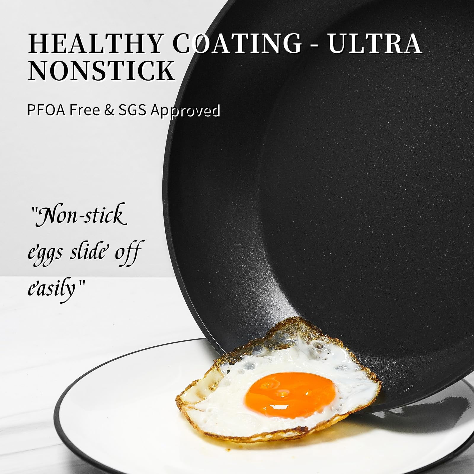 Innerwell 8" 9.5" and 11" Black Nonstick Frying Pan Set with Lid Non Toxic Cooking Kitchen Set Induction Skillets - Image 2