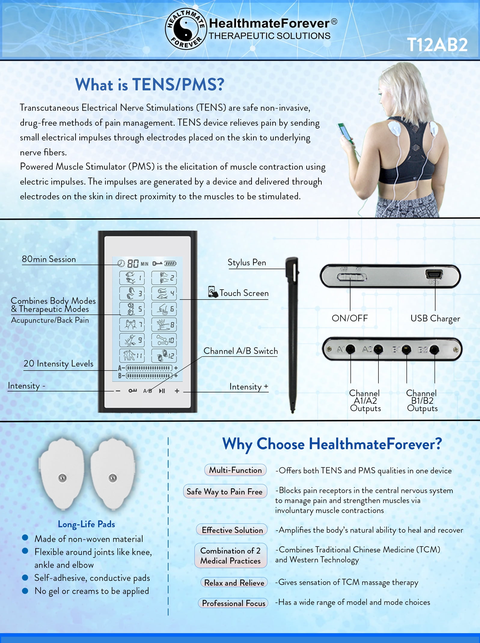 HealthmateForever T12AB2 Touch Screen Professional Grade TENS Muscle Recovery & Pain Relief Therapy (Blue on White) - Image 4