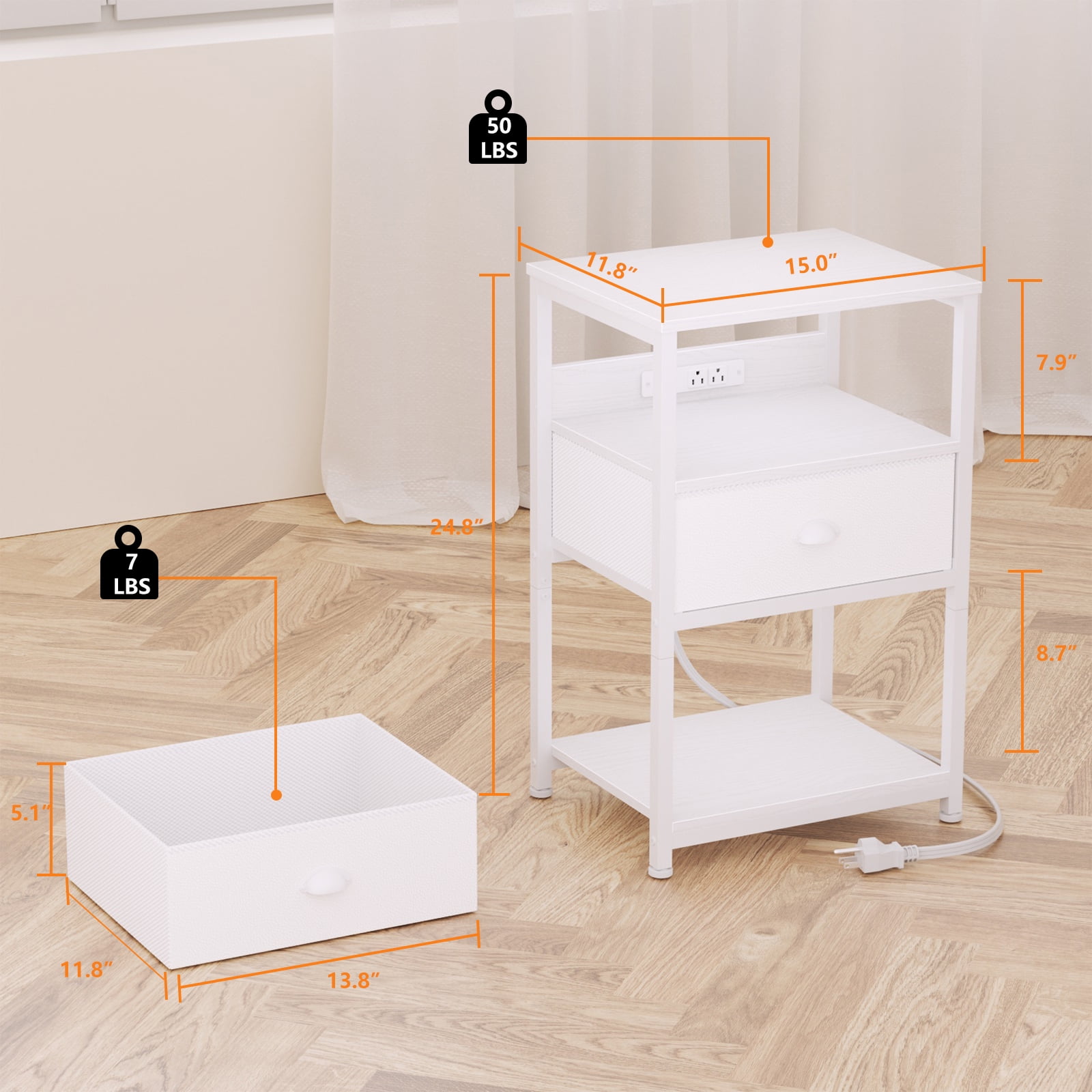 Furologee LED Nightstand with Charging Station for Living Room, Bedside Table with USB Ports & Outlets, White - Image 4