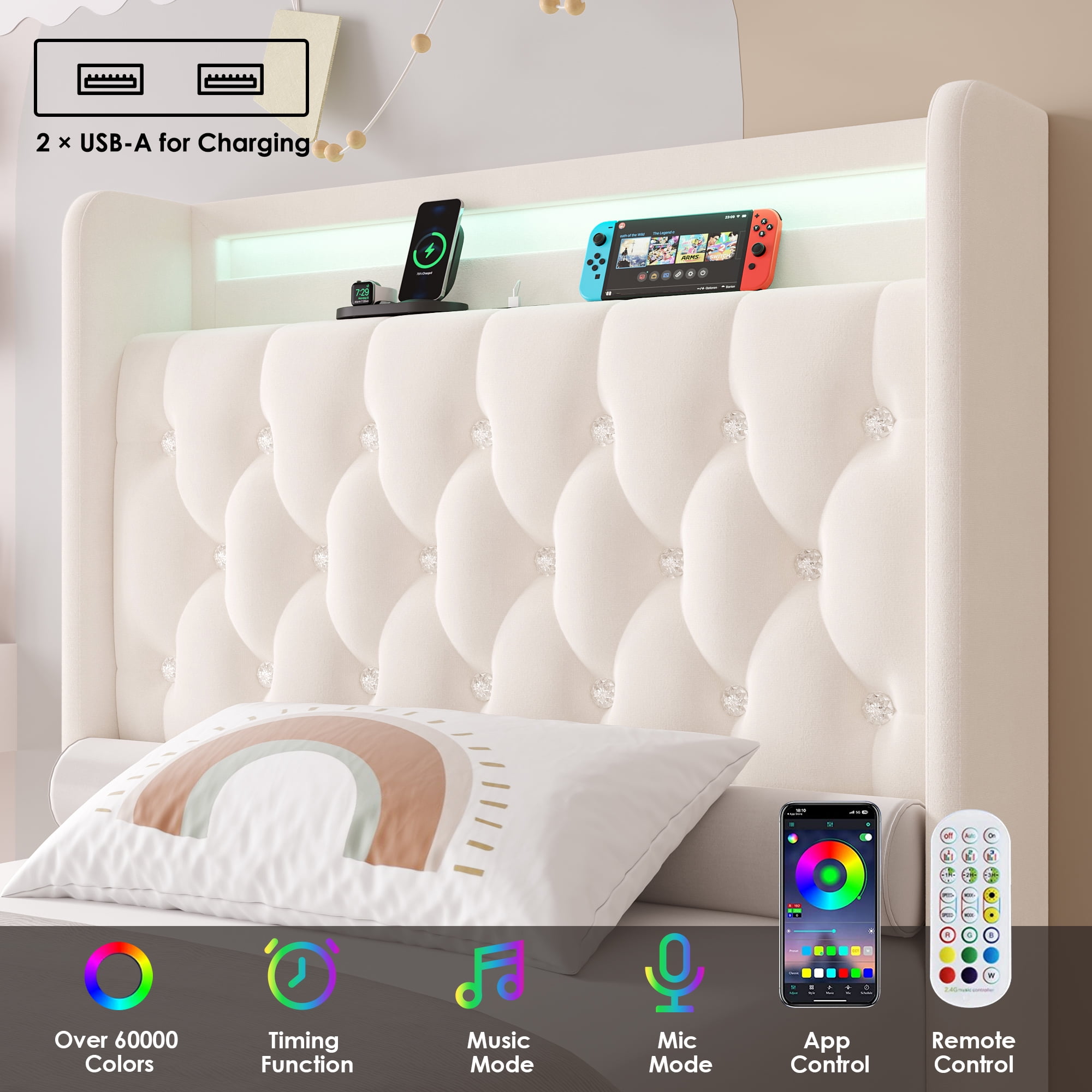 Homfa Twin Bed Frame with LED Light & Charge Station, 4 Storage Drawers Modern Upholstered Wingback Platform Bed Frame, Beige Velvet - Image 2