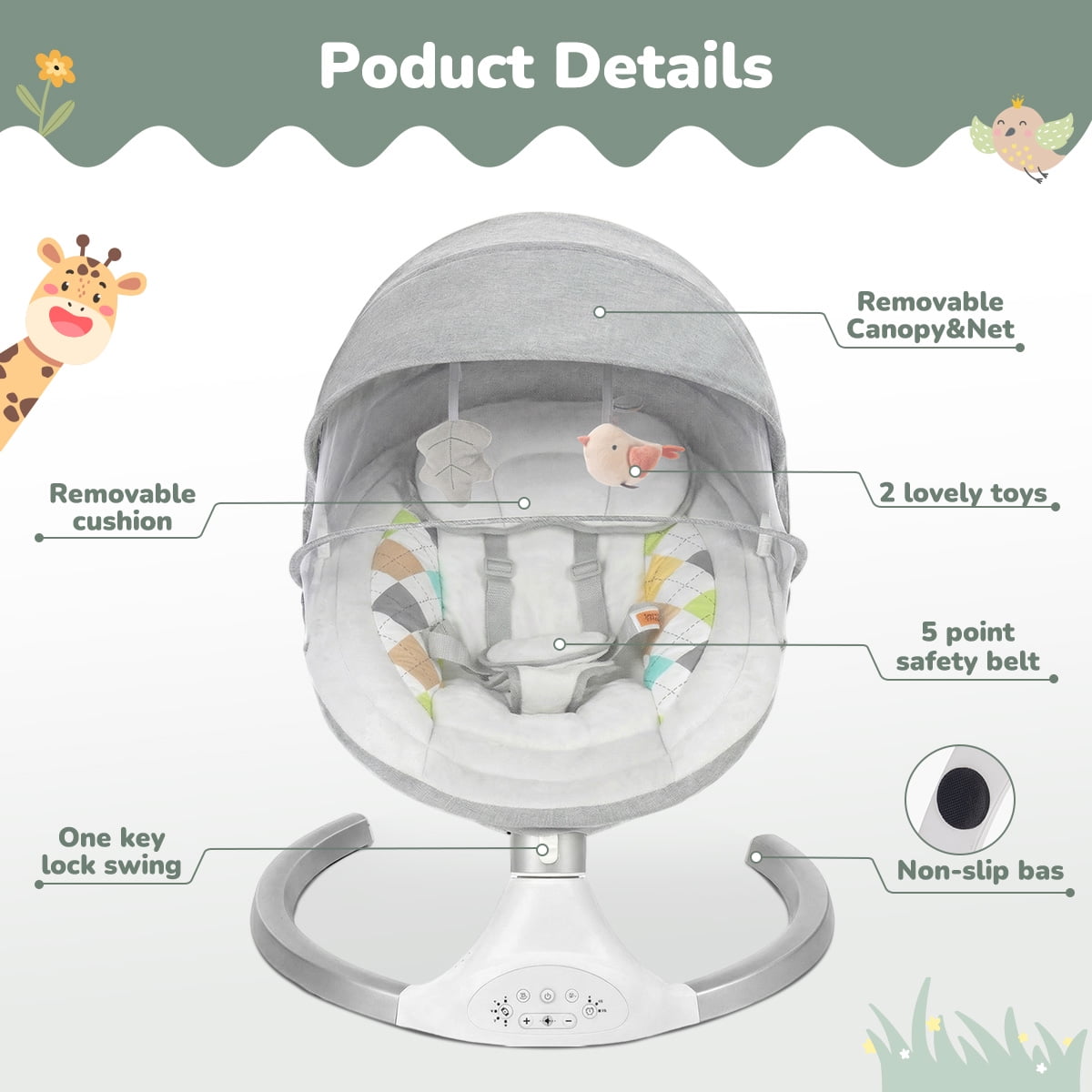 Baby Swing for Infants, Caveen Baby Rocker with Dinner Plate, 5 Swing Speeds, Adapter Battery Operated, Indoor,Outdoor, Grey - Image 5