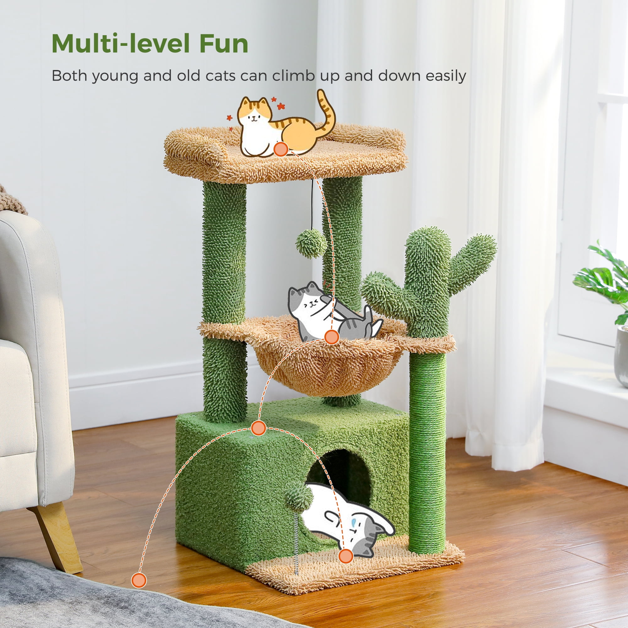 PAWZ Road Cat Tree 33" Cute Cactus Cat Scratching Posts Tower with Large Top Perch and Hammock for Medium Indoor Cats, Green - Image 8